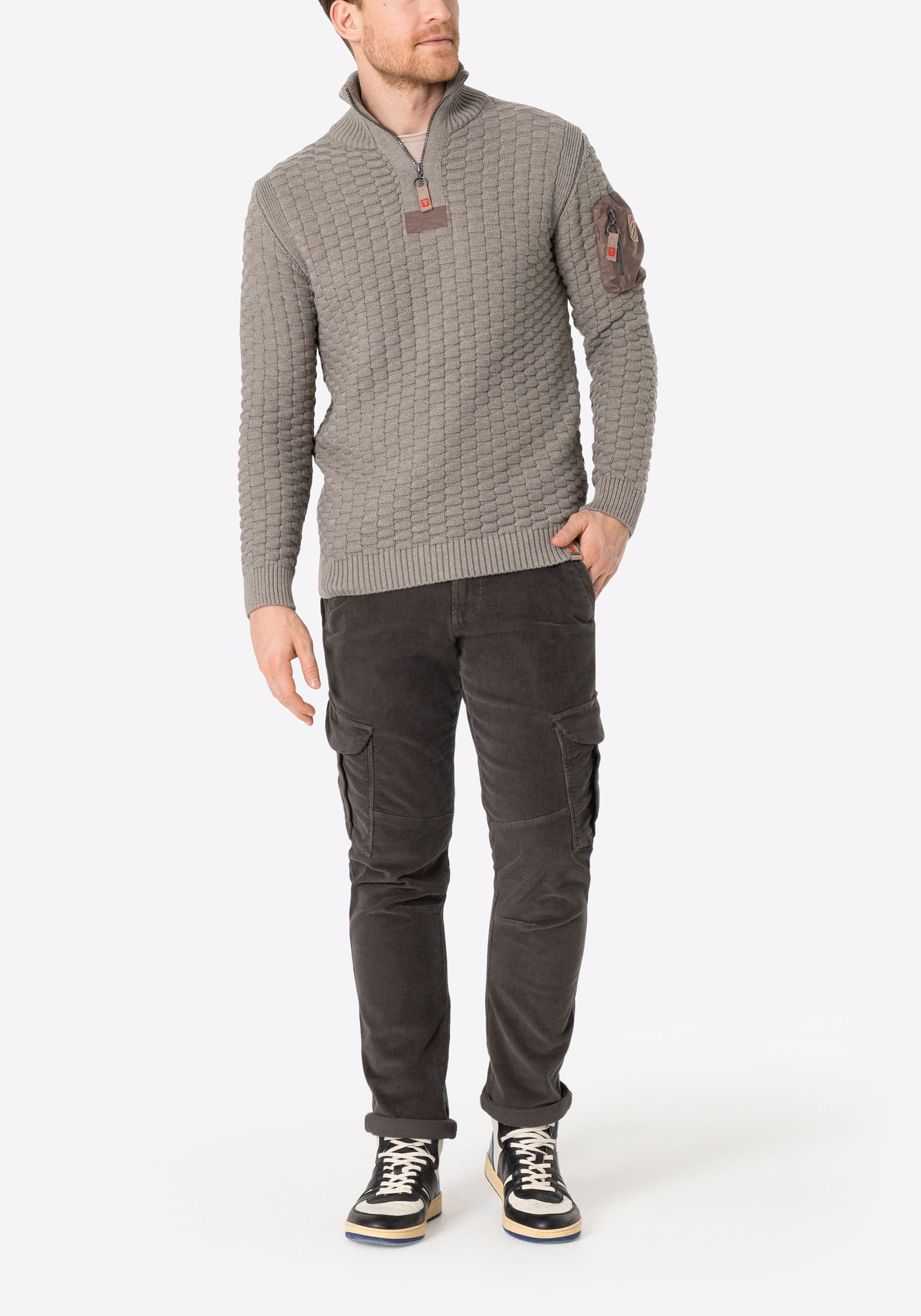 TIMEZONE Strickpullover Strickpullover 3D-Schachbrettmuster Ärmeltasche Heavy Knit Seamans Troyer