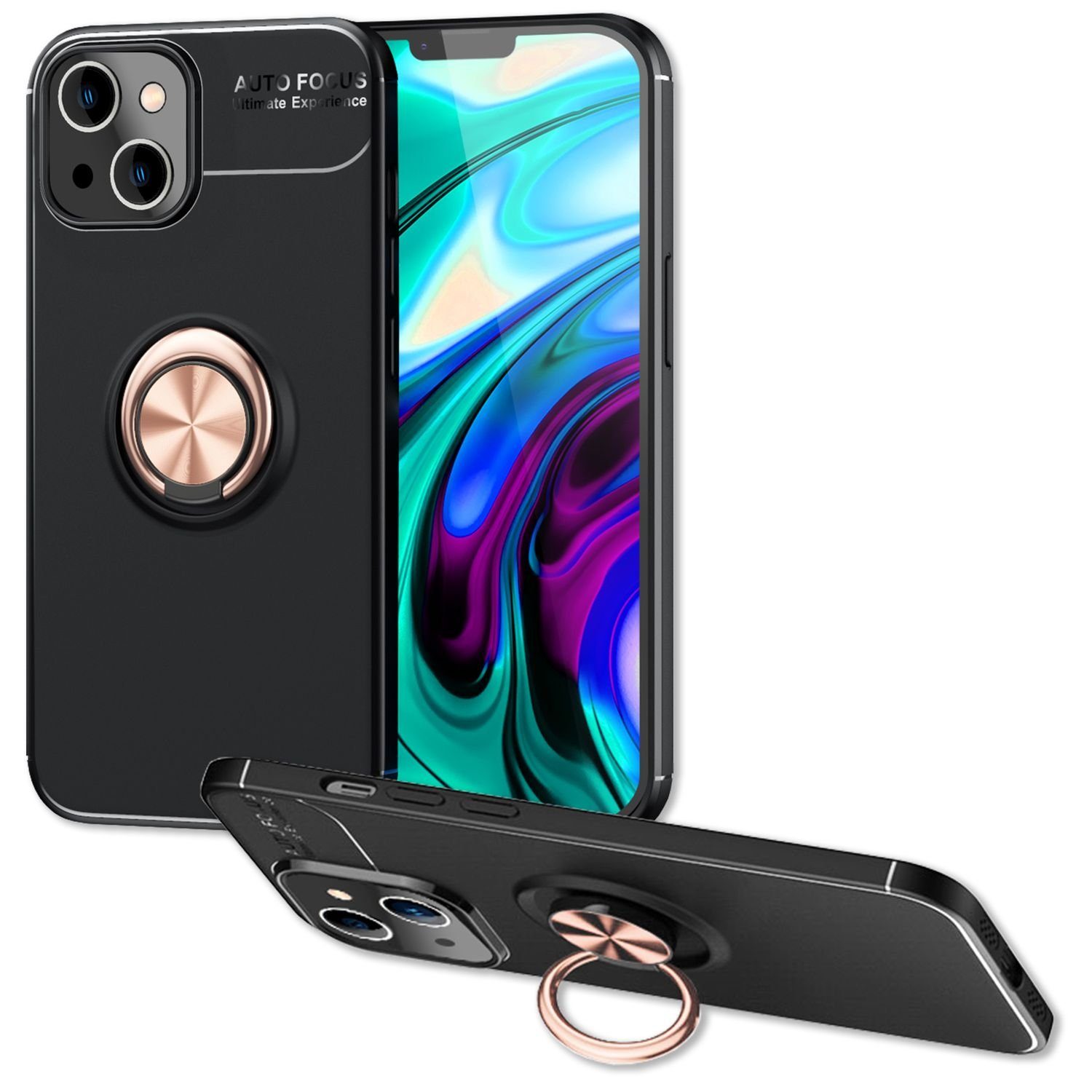 Nalia Smartphone-Hülle Apple iPhone 14 15,5 cm (6,1 Zoll), Matte Ring Silikon Hülle / 360 Grad Ring / Standfunktion / Rutschfest