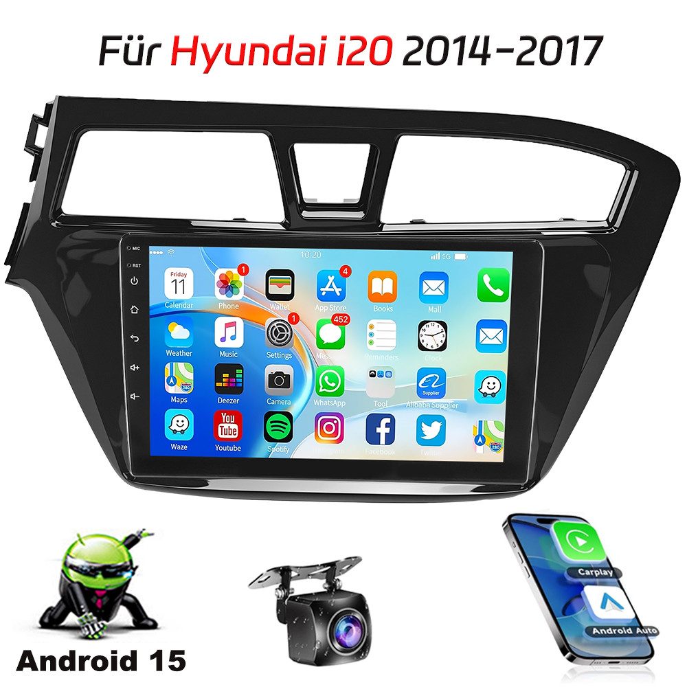 ESSGOO DAB+ Für Hyundai i20 PB 2014-17 Carplay Autoradio Android15 GPS Navi Autoradio (DAB (optional), DAB+ (optional), 4+64GB(optional), RDS, AM, FM, Carplay Android Auto Bluetooth EQ USB GPS Navi WIFI Touchscreen)