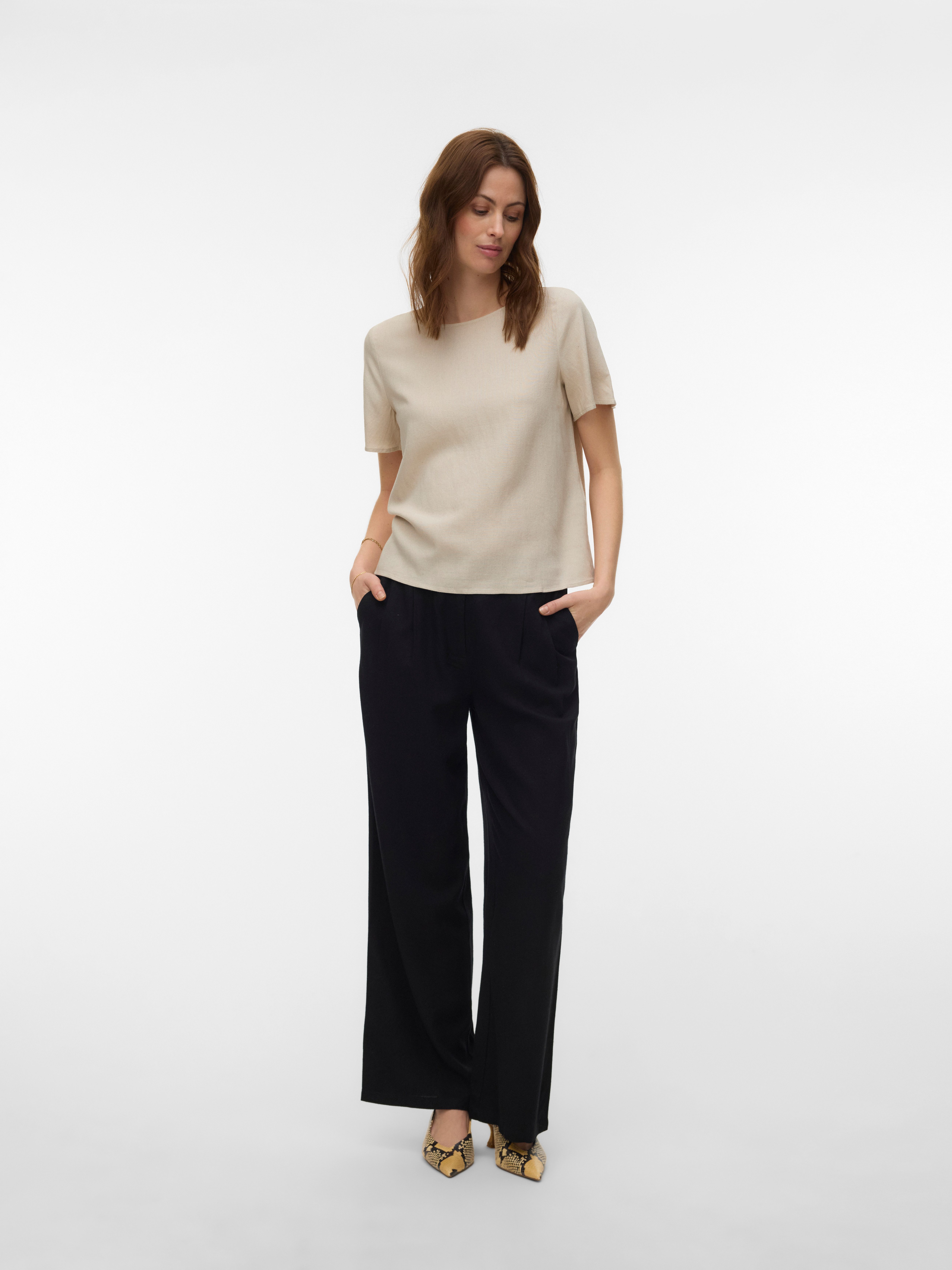 Vero Moda Blusenshirt VMMYMILO SS O-NECK TOP WVN GA mit Leinen