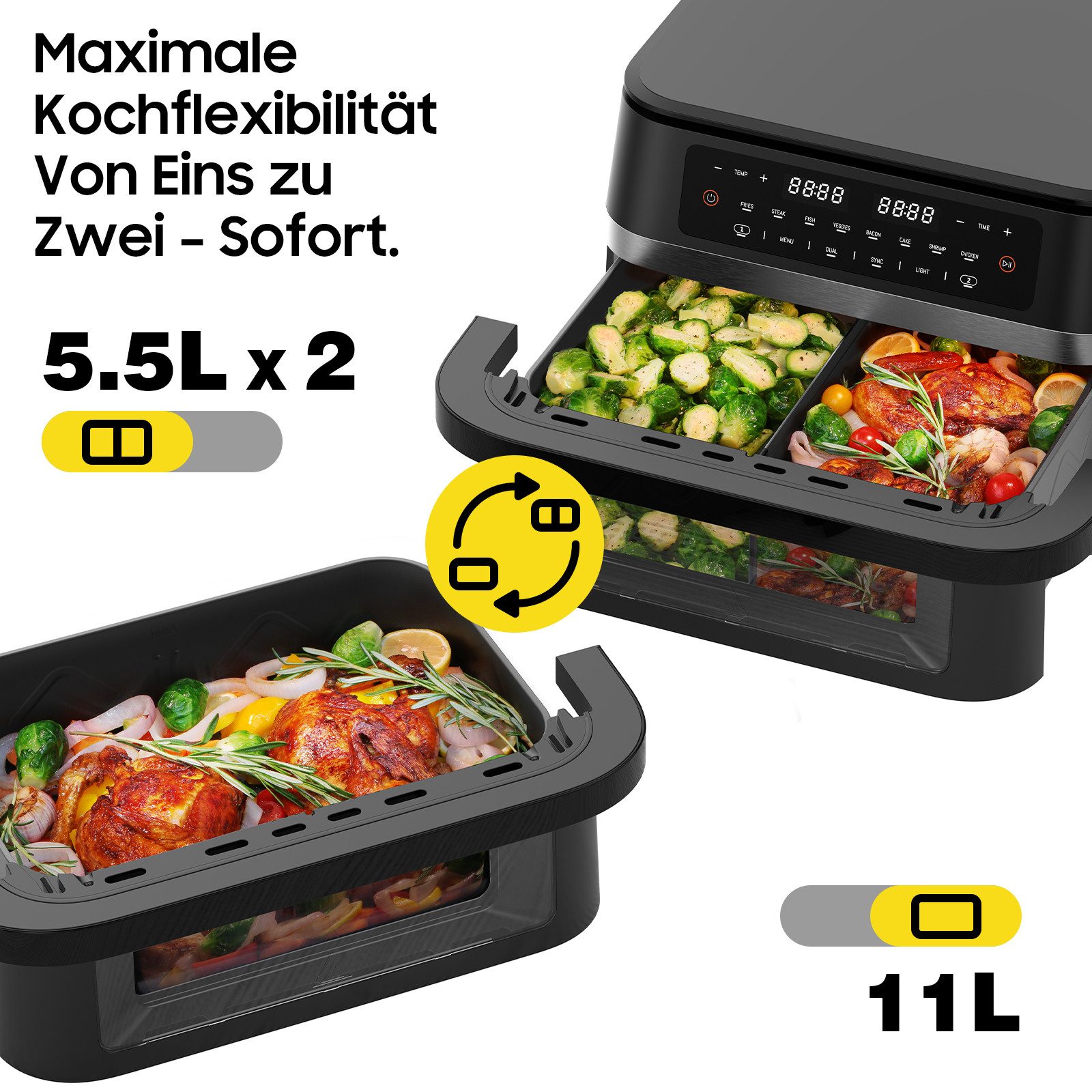 AIMAX Heißluftfritteuse XXL 2 karmmern, Airfryer mit Sichtfenster & Beleuchtung, Doppelkammer + abnehmbare Trennwand, Sync-Funktion, LED-Touch, 8 Programme, spülmaschinenfestes Körbchen, 2950 W, Doppelkammer mit herausnehmbarer Trennwand, Gesund & Ölfrei