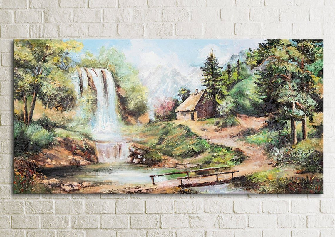 YS-Art Gemälde Landschaftsbilder, Wasserfall Bild Leben Dorf Hütte Handgemalt Leinwand Bach Wasserfall