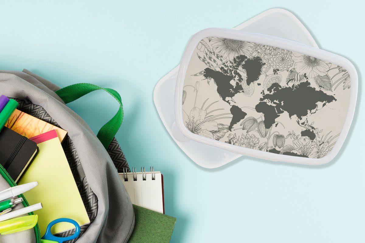 für weiß Kunststoff, und Blumen Brotdose, (2-tlg), - und Erwachsene, Brotbox Grau, für MuchoWow Jungs - Weltkarte Mädchen Kinder Lunchbox