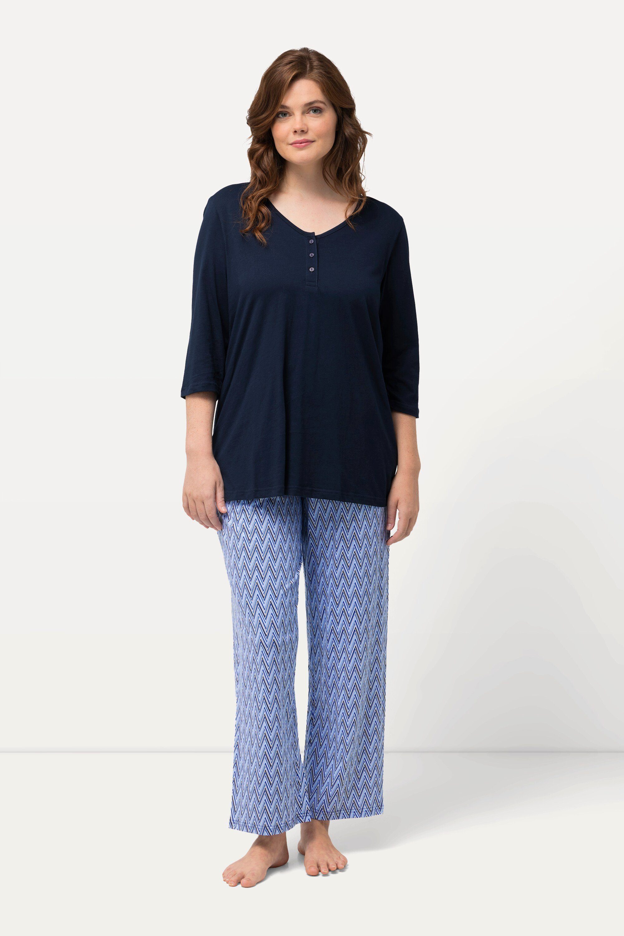 Ulla Popken Pyjama Pyjama 3/4-Arm nachtblau Zacken V-Ausschnitt