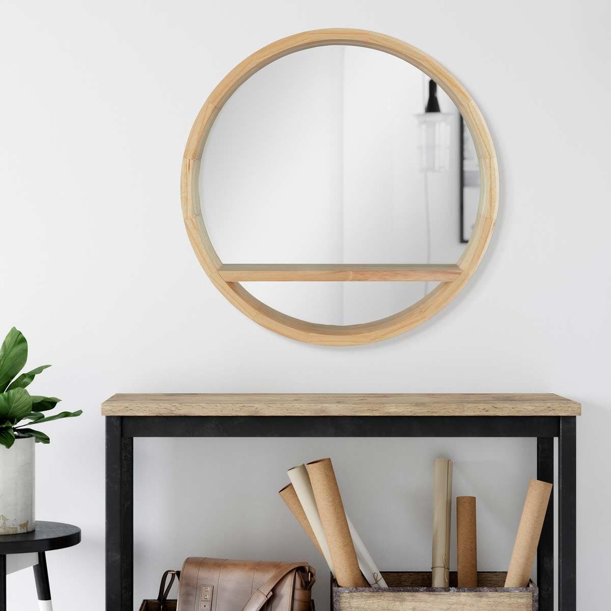 PHOTOLINI Spiegel mit Holzrahmen und praktischer Ablagefläche, Wandspiegel Naturholz | Spiegel