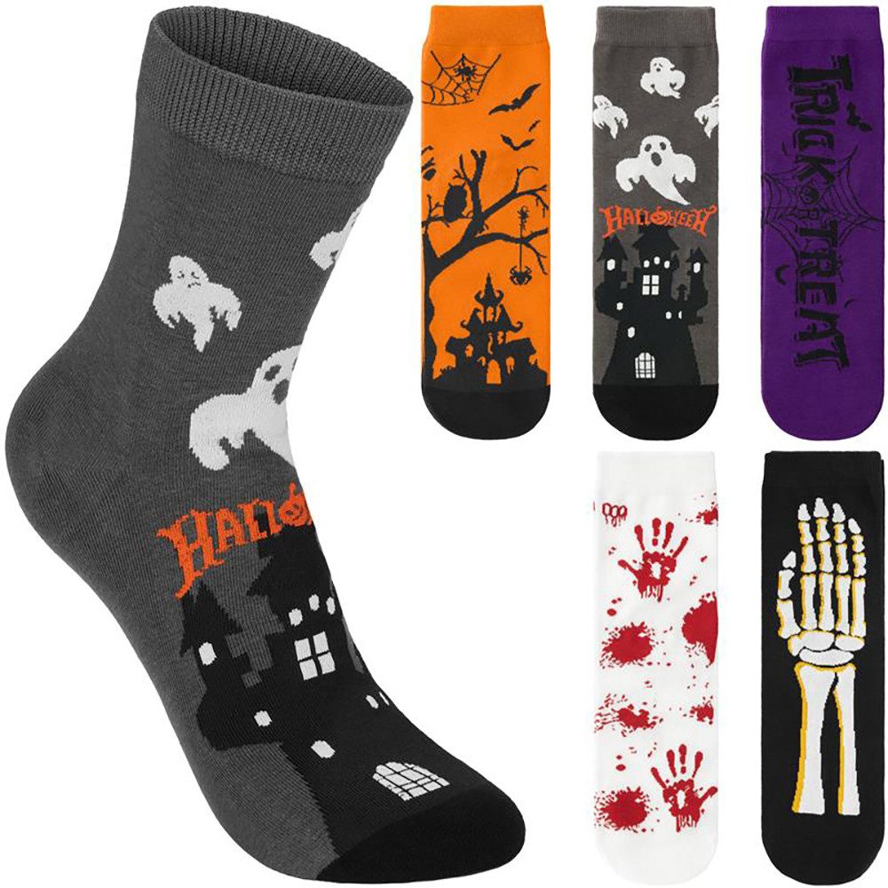 BRUBAKER Носки Halloween Носкиset - Lustige Baumwollsocken in Orange, Lila & Schwarz (5-Paar) Kürbis, Skelett & Gespenst - Bunte Herbstsocken für Damen & Herren