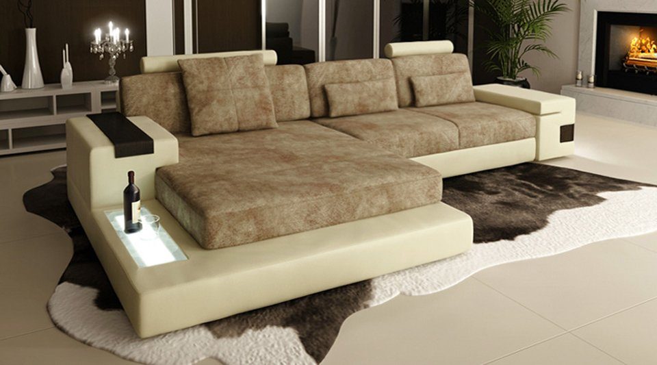 BULLHOFF Ecksofa Wohnlandschaft Ecksofa Leder/Stoff Designsofa L-Form  Eckcouch LED Sofa Couch XXL Ottomane weiß grau »HAMBURG III« von BULLHOFF,  made in Europe, das "ORIGINAL"