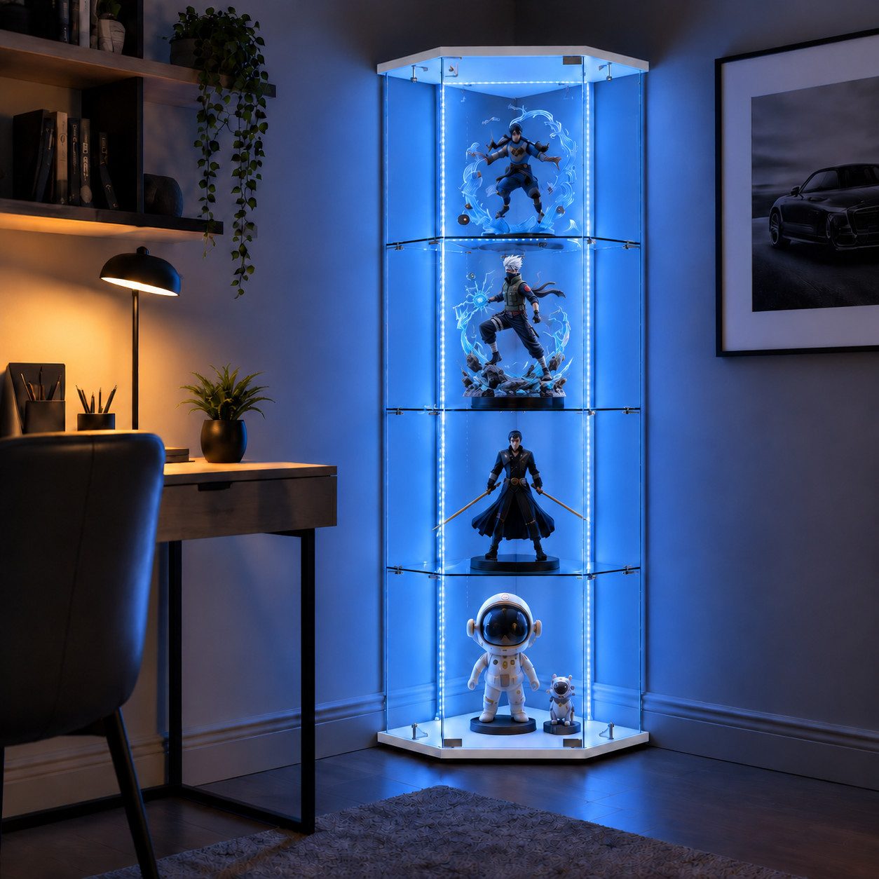Simurq Glasvitrine Eckvitrine mit Beleuchtung Vitrinenschrank Glas eckschrank (1-St, 4 Lagen, Glasvitrine Stehend mit Schloss Glas Vitrine Ecke) Standvitrine Glas Modern Wohnzimmer Sammlervitrine mit Glastür