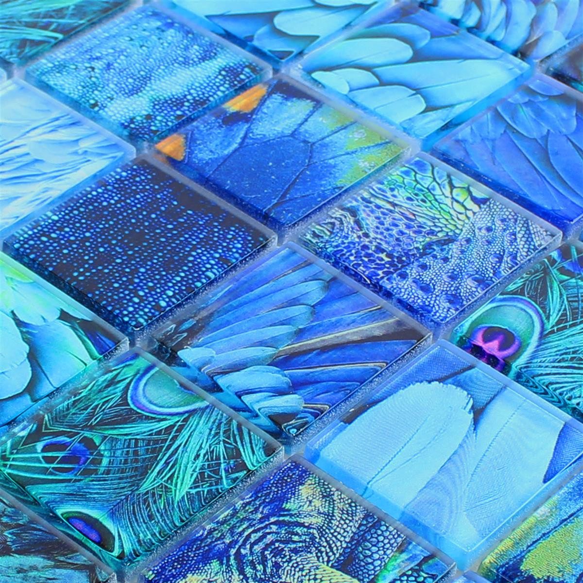 Mosafil Mosaikfliesen Glasmosaik Fliesen Peafowl, Glas 29.800x29.800, blau, Verlegefertig auf ein Netz geklebt - Wasserfest