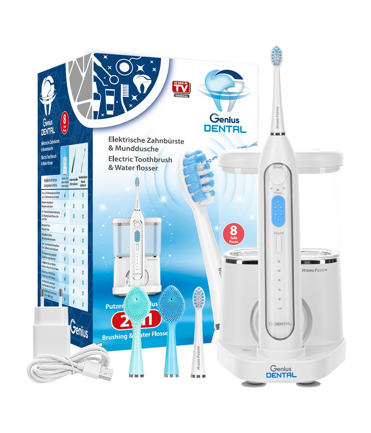 Genius Elektrische Zahnbürste Dental Hydro Fusion Basic Set Plus Zungenreiniger, Aufsteckbürsten: 2 St., Starter-Set Plus, verschiedenste Aufsätze für die Zahn- und Zungenreinigung