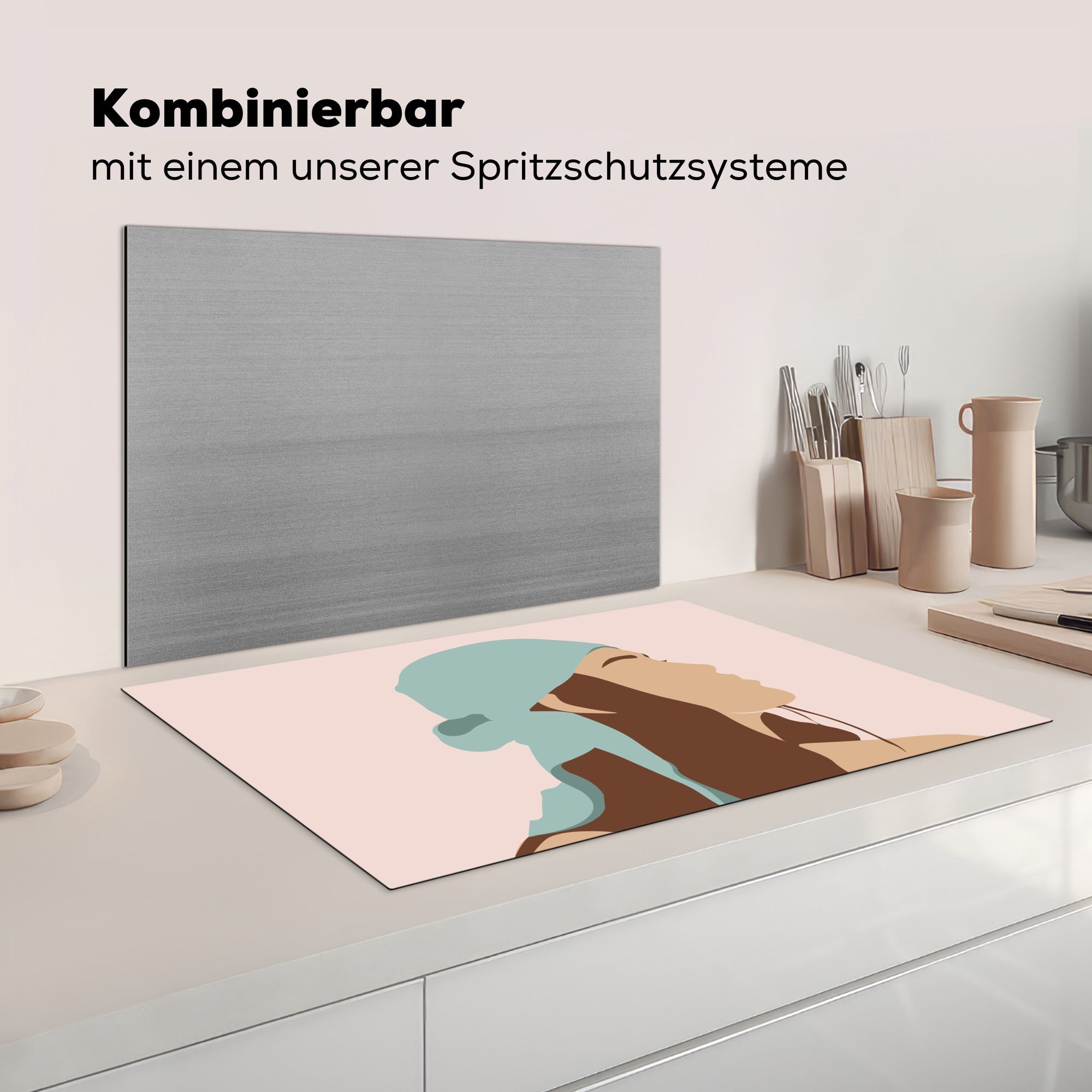 - Ceranfeldabdeckung Frau für Herdblende-/Abdeckplatte MuchoWow Kopftuch cm, Sommer die - (1 küche, - Vinyl, Schutz tlg), Induktionskochfeld Abstrakt, 81x52