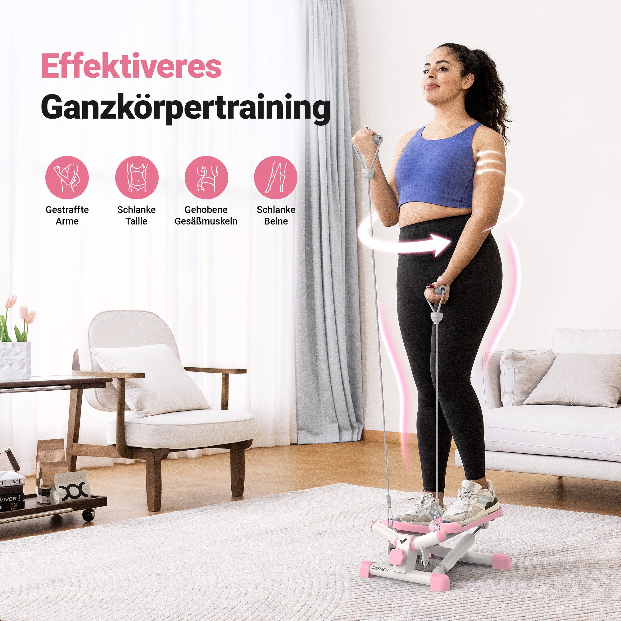 MERACH Mini-Stepper 2-in-1 Mini Stepper für Zuhause, Drehstepper und Sidestepper (mit LCD-Monitor, Power Ropes, Belastbarkeit bis 150 kg, für Bein/Arm/Butt Training, Anfänger & Fortgeschrittene), Fitnessübungen für das Heimbüro, Hometrainer Widerstand