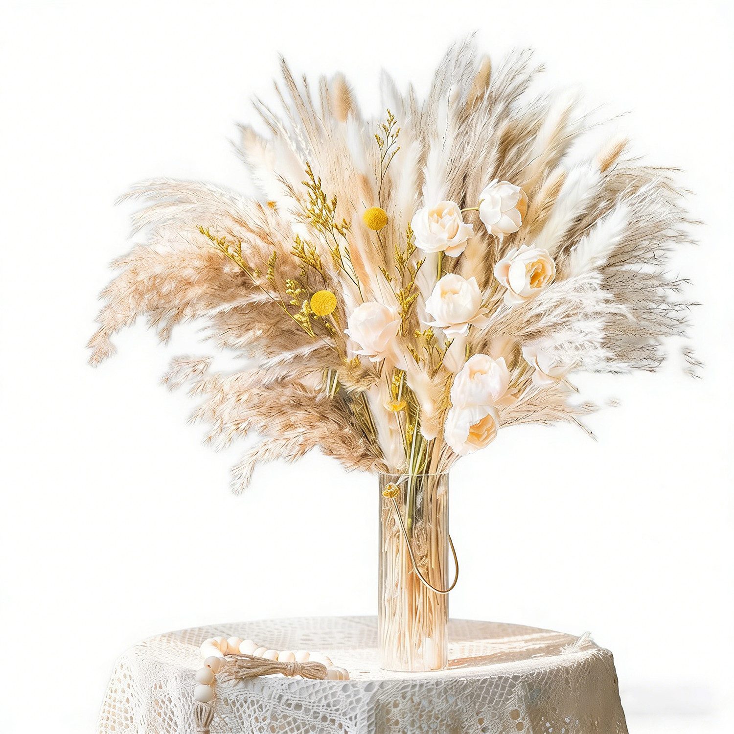Trockenblume Natürliche Pampasgras Deko 100 Stück DIY Trockenblumen für Pampasgras Schilfgras, Hasenschwanzgras, Goldkugelgras und flauschiges Gras, wohnTRAUM24, Höhe 43 cm, Ideal for Boho Wohnzimmer-Schlafzimmer-und Vasen Deko