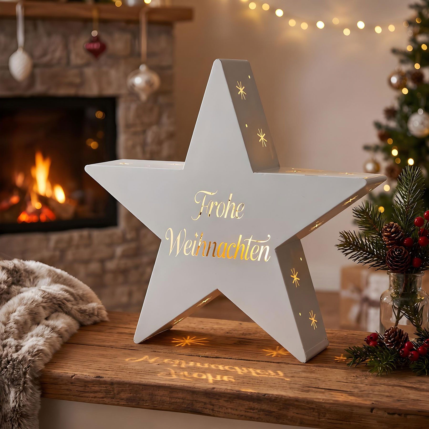 Levandeo® Kerzenlaterne, Kerzenhalter Stern H43cm Metall Windlicht Weiß Weihnachten Aufsteller
