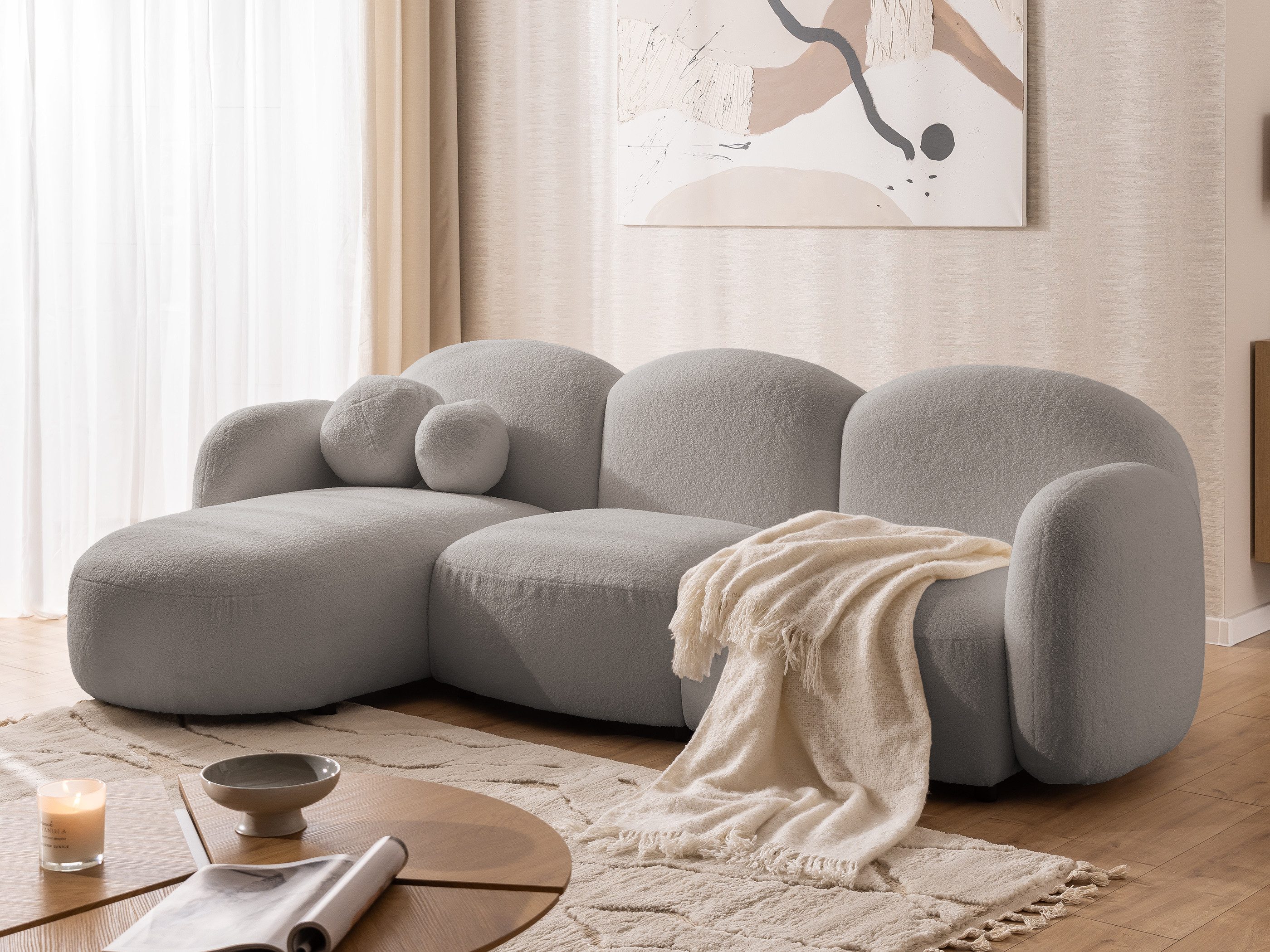 S-Style Möbel Ecksofa Nuvola aus Bouclé-Stoff mit abgerundetem Design und hohem Sitzkomfort, mit Wellenfederung