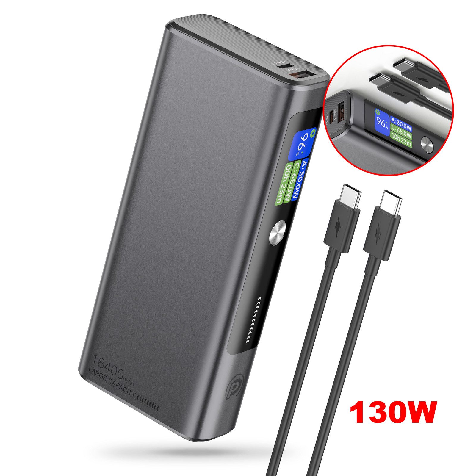 poweradd pro 130W Powerbank 18400mAh Ladegerät, 3-Port-Externer Schnell Aufladende Powerbank (1 St), 3 Ausgänge mit Typ-C Ladekabel