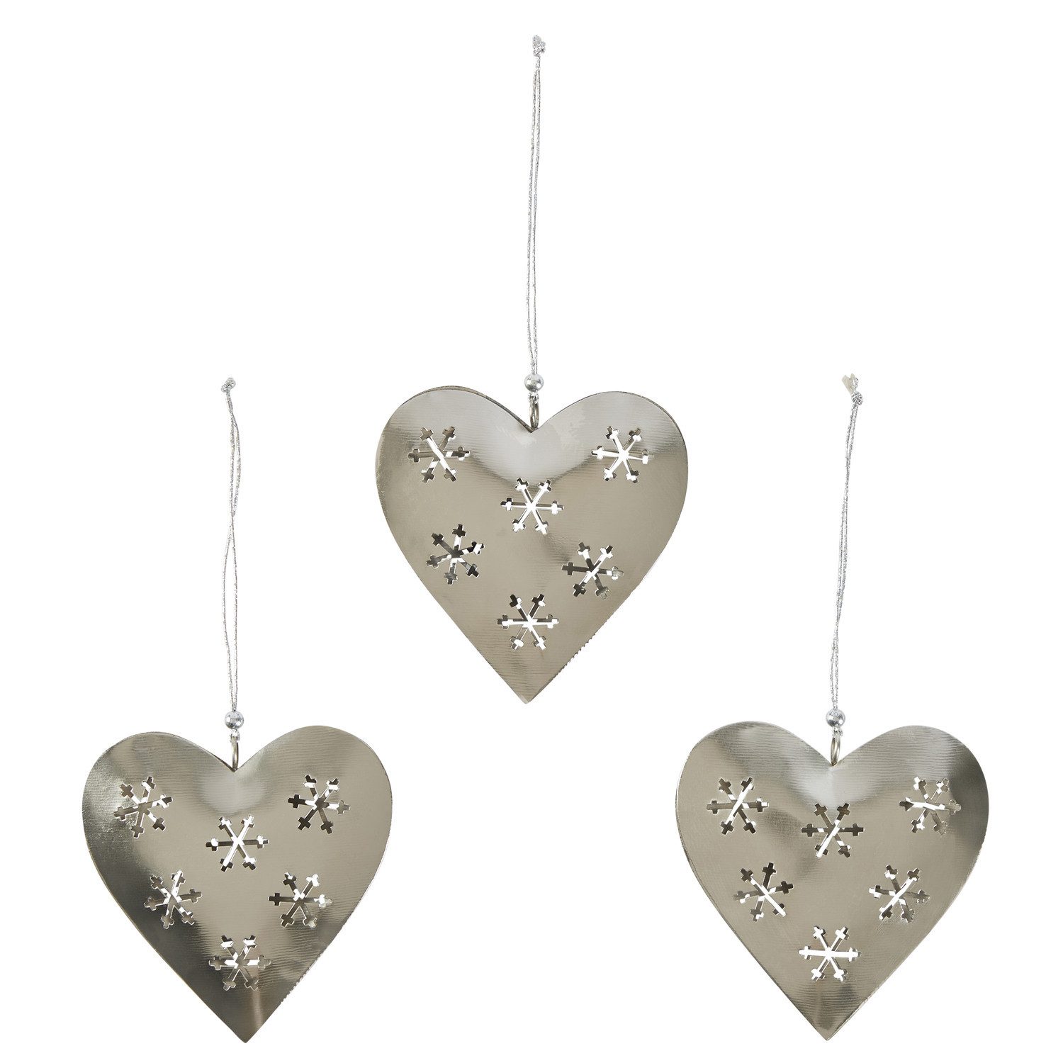 Marrakesch Orient & Mediterran Interior Christbaumschmuck 3er Set Weihnachtsanhänger Herz handgemacht aus Metall in Silber 10 cm (3-tlg), Handarbeit