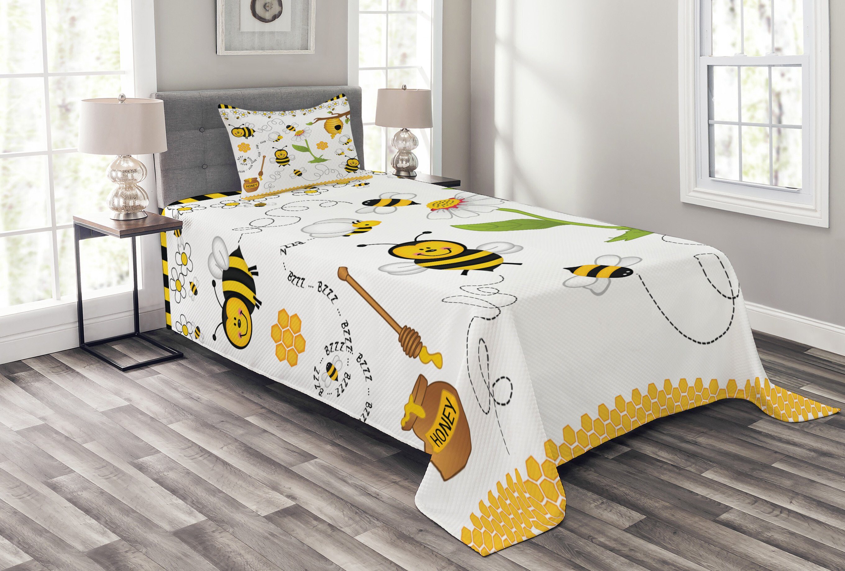 Tagesdecke Set mit Kissenbezügen Waschbar, Abakuhaus, Biene Bienen Gänseblümchen Kamille