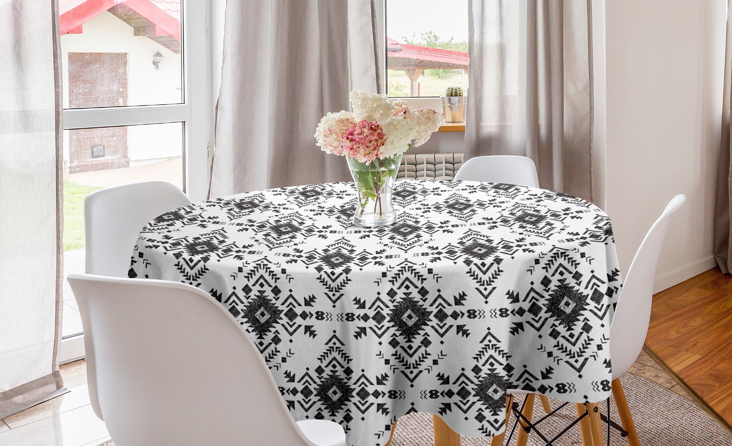 Zigzags Monochrome Kreis Abdeckung für Tischdecke Küche Abakuhaus Shapes Tischdecke Geometrisch Esszimmer Dekoration,