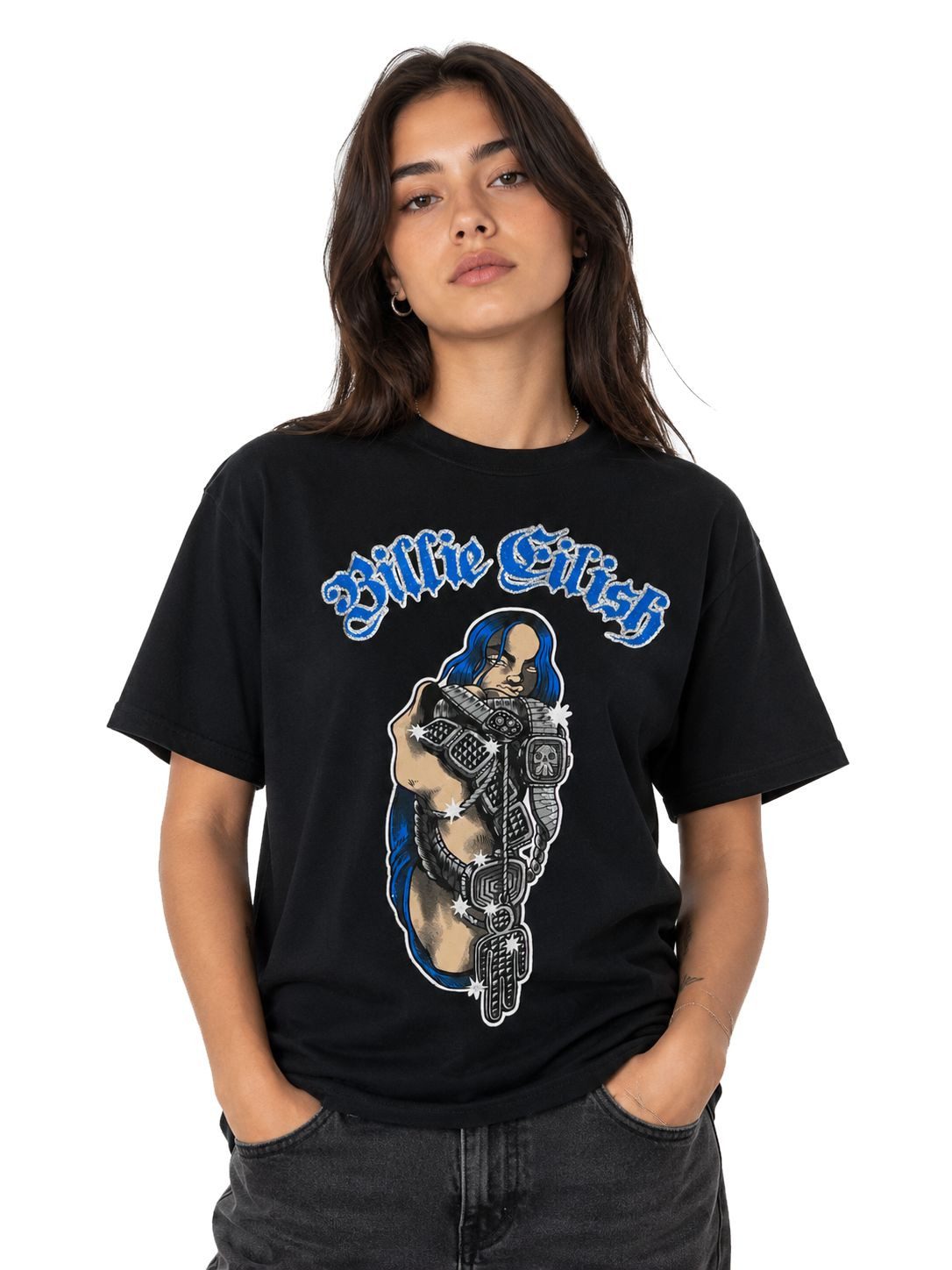 BILLIE EILISH Print-Shirt Billie Eilish T-Shirt Herren Schwarz Glitzer Print Oversize Style Billie Elish Silber Glitzer Print