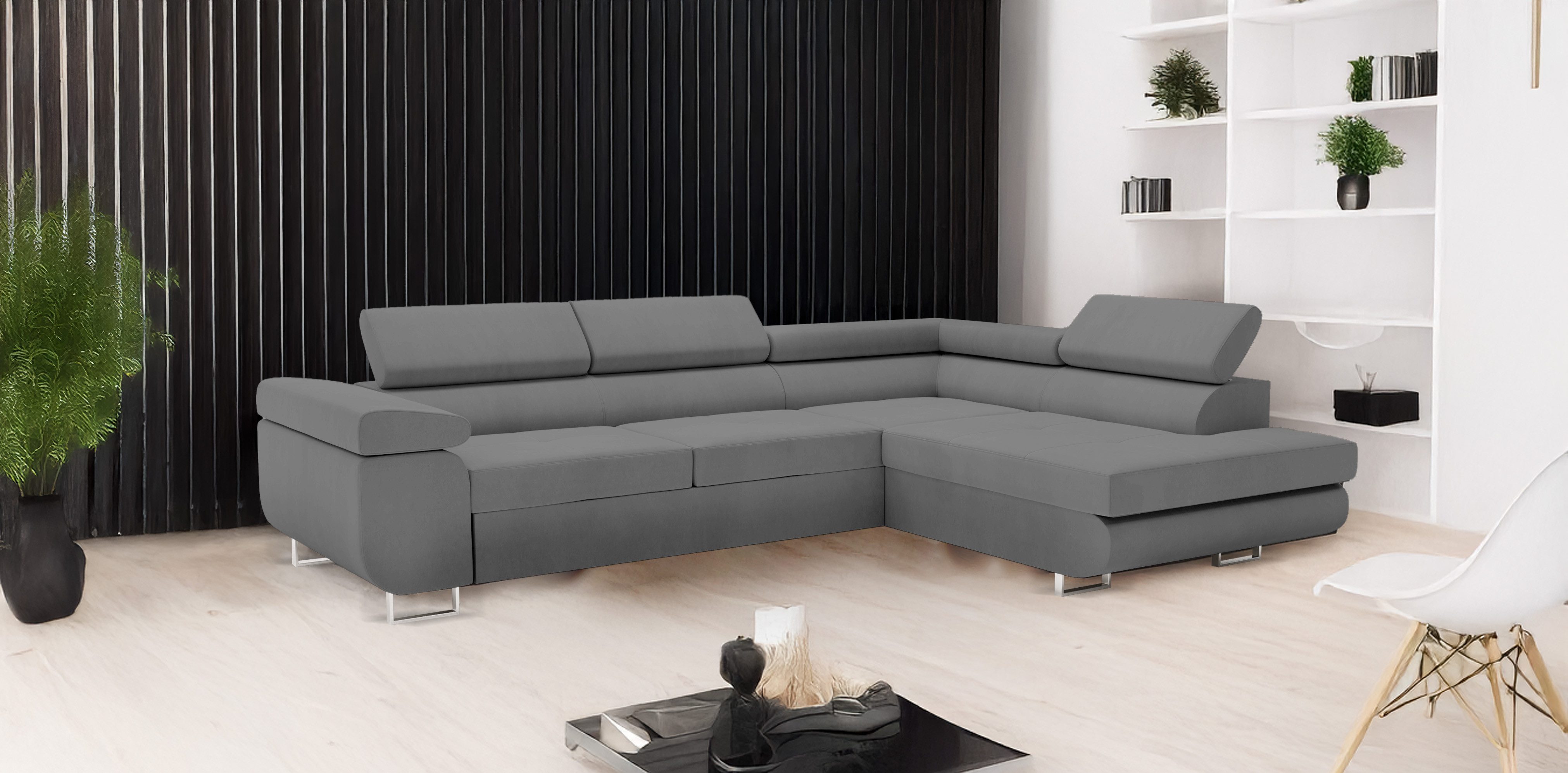 Goldstoff Ecksofa mit Schlaffunktion & Bettkasten - hochwertiges Sofa, Couch mit Schlaffunktion für Wohnzimmer - Schlafsofa - Eckcouch, Eckcouch mit praktischem Bettkasten in grau