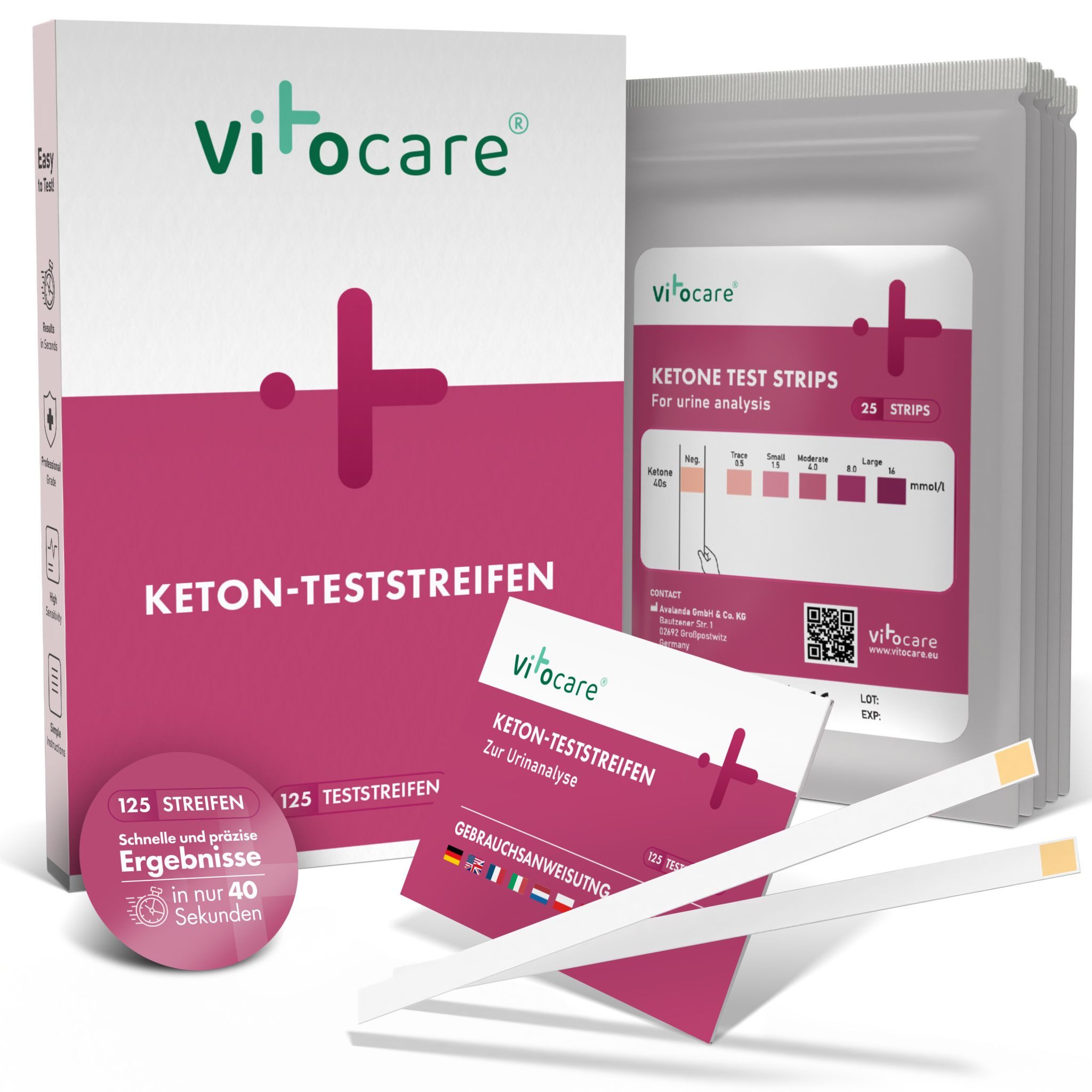 Vitocare Blutzuckermessgerät Keton & Keto Teststreifen, Ketose Selbsttest, 25/125 Stk.