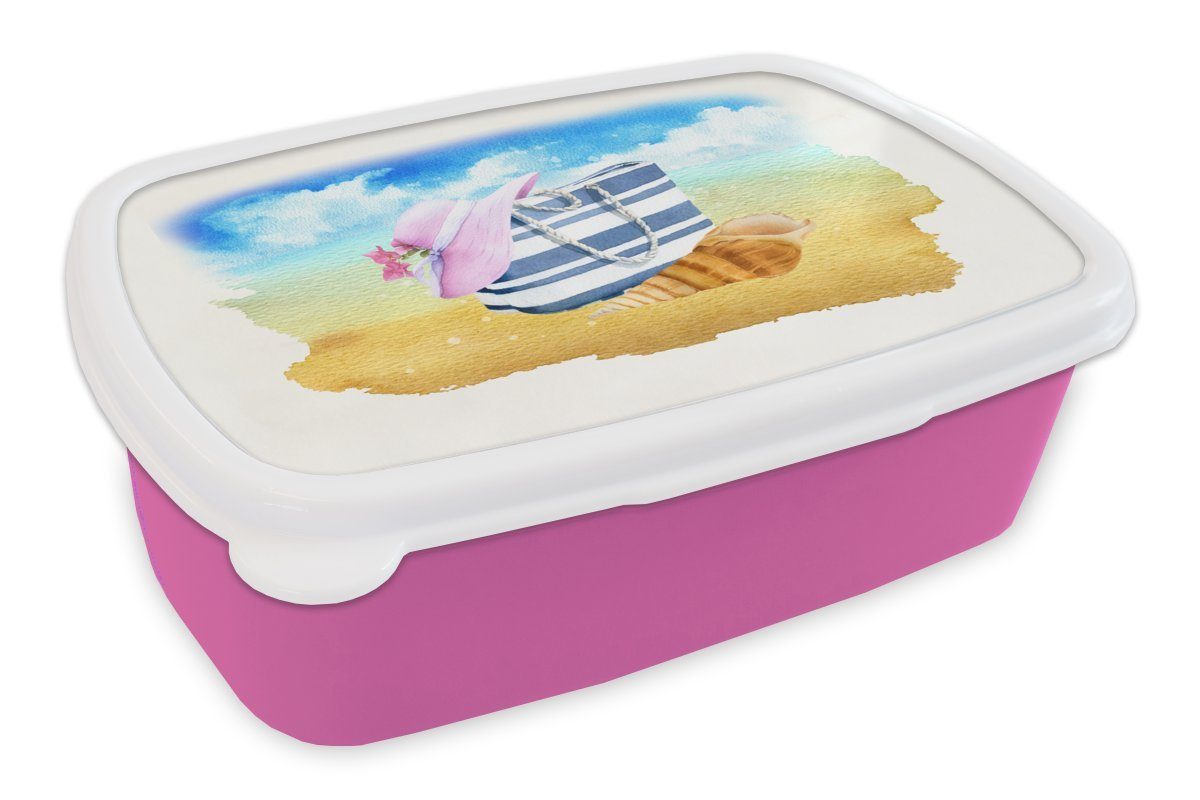 Brotdose - (2-tlg), rosa - Strand, Erwachsene, Brotbox Kunststoff, für Tasche Lunchbox Muschel Kunststoff - Kinder, MuchoWow Snackbox, Mädchen, Hut