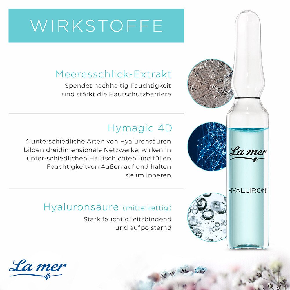La mer Gesichtspflege Hyaluron+ Ampulle – feuchtigkeitsspendende Hyaluron Ampulle Feuchtigkeitsspendende Wirkstoffampulle mit Hyaluronsäuren & Meeresschlick-Extrakt, polstert die Haut sofort sichtbar auf und mindert Trockenheitsfältchen