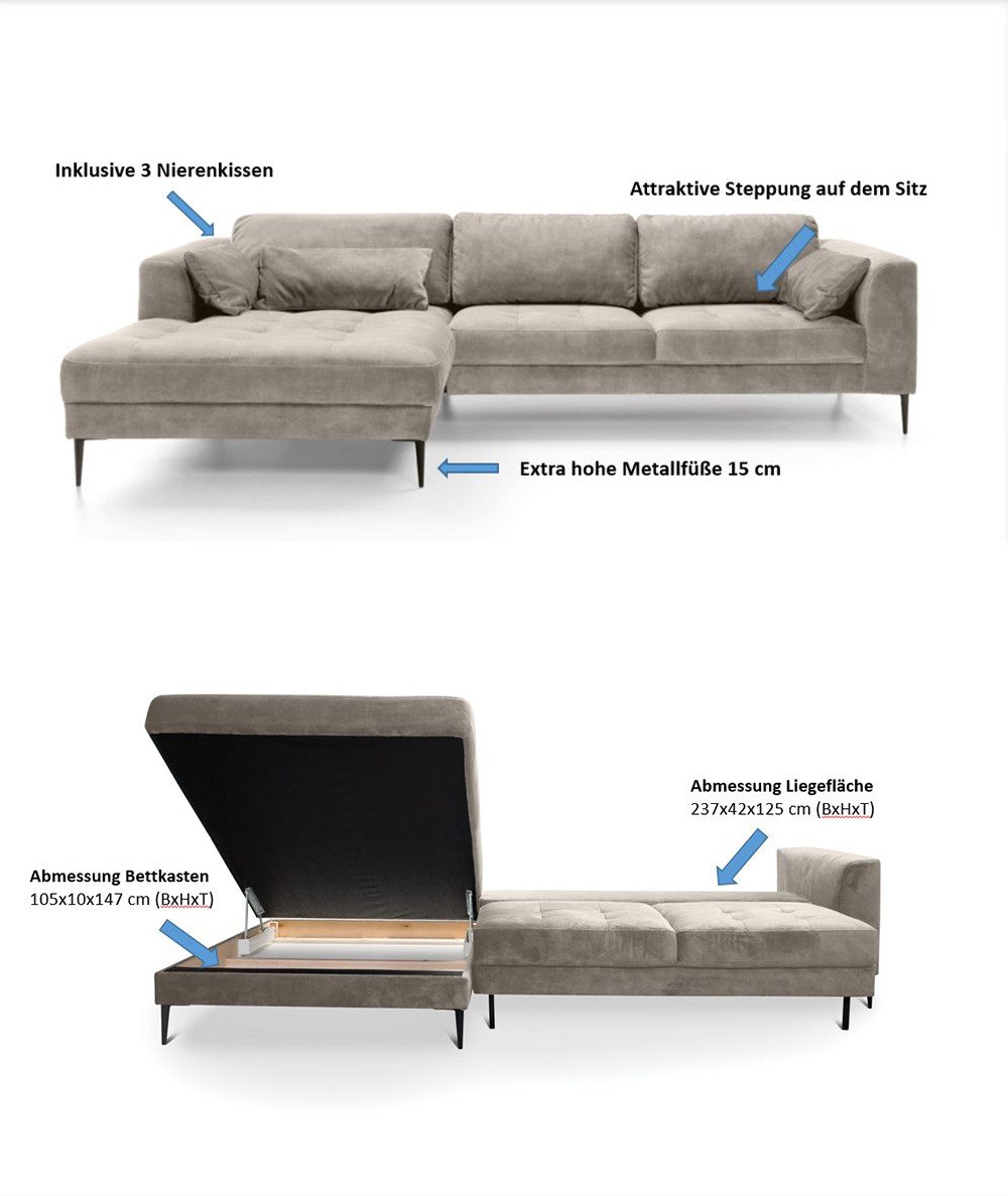 TRENDMANUFAKTUR Ecksofa Luzi, wahlweise mit Schlaffunktion & Bettkasten., L-Form, Designsofa mit tollem Sitzkomfort, Metallfüße schwarz, Breite 280 cm