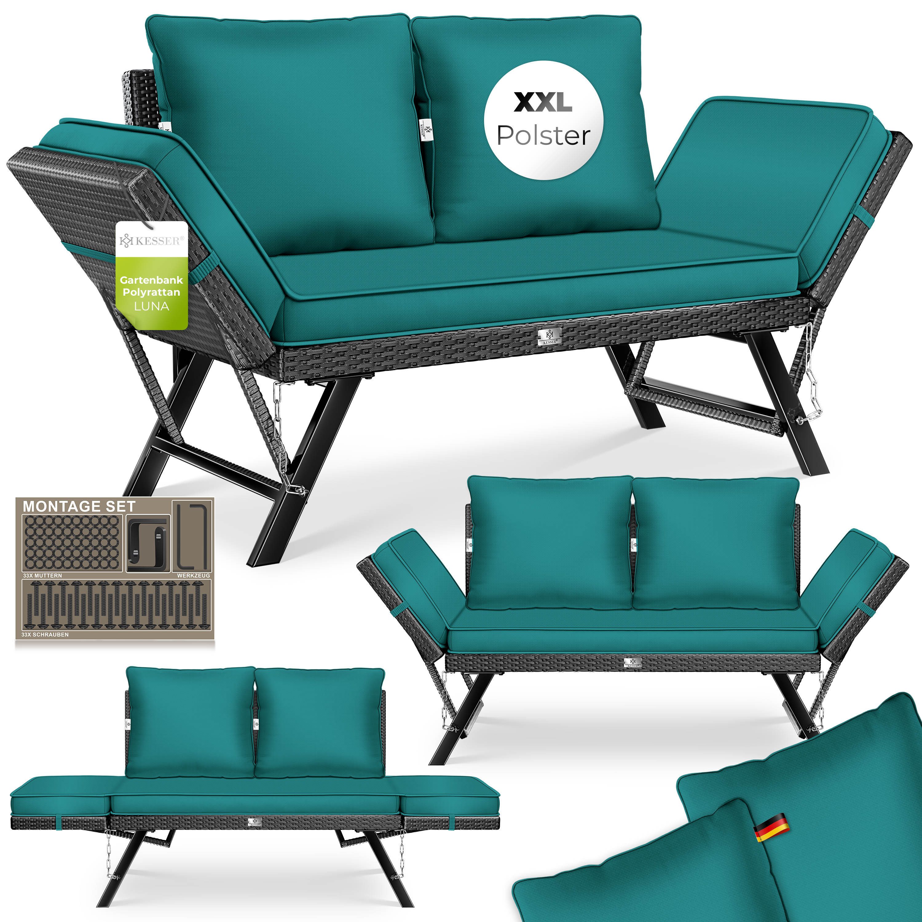 KESSER Gartenbank Polyrattan Gartensofa 4-in-1 mit Liegefunktion & Verstell-Funktion (Gartencouch mit Sitzkissen & Rückenkissen Extra Dicke & Weiche Polster), Balkon-Sofa Wetterfest für Garten, Balkon & Terrasse