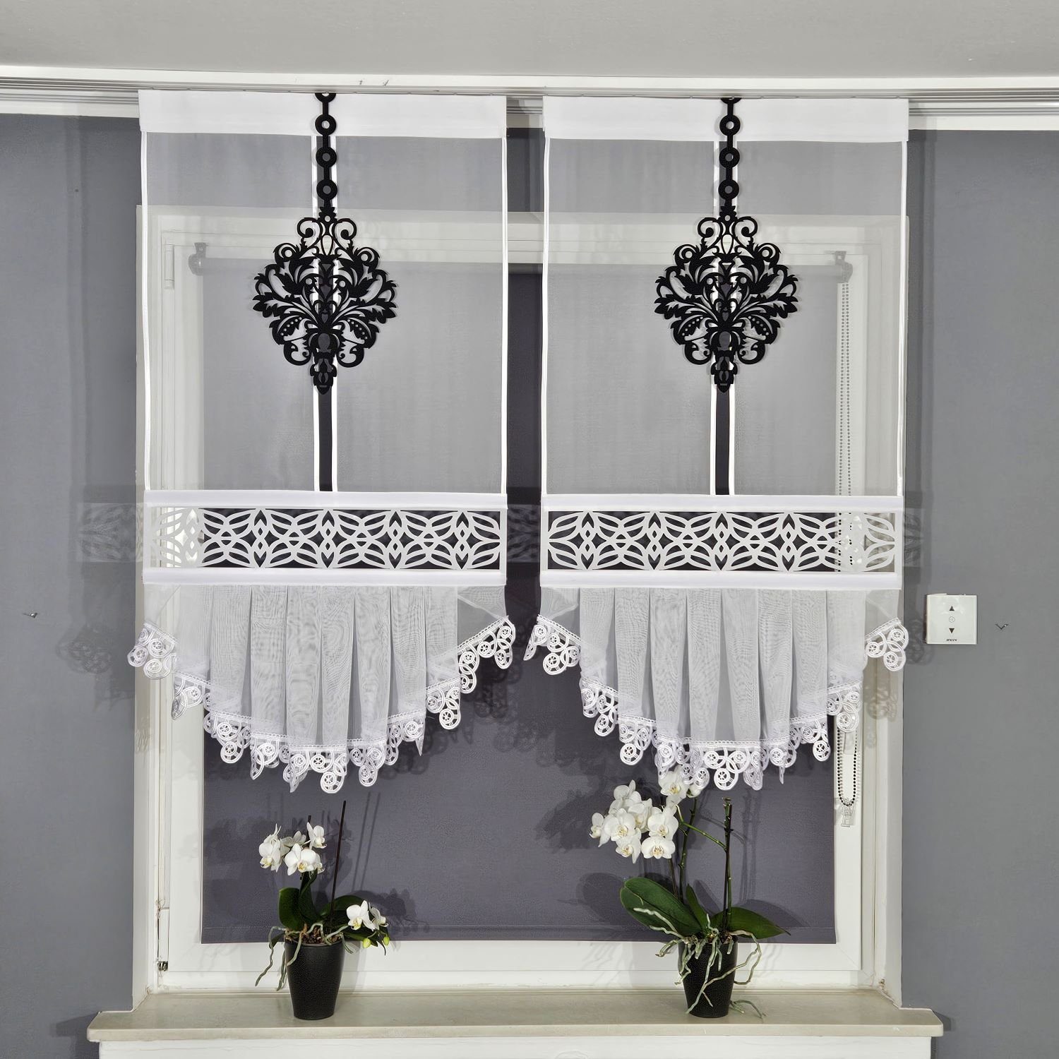 Schiebegardine 2er Gerade Panel Set mit Gipüre, Gardinen by Justyna, Kräuselband (4 St), transparent, Voile, Fertiggardine, Paneele, Modern, Fensterdeko, Azur, Firany