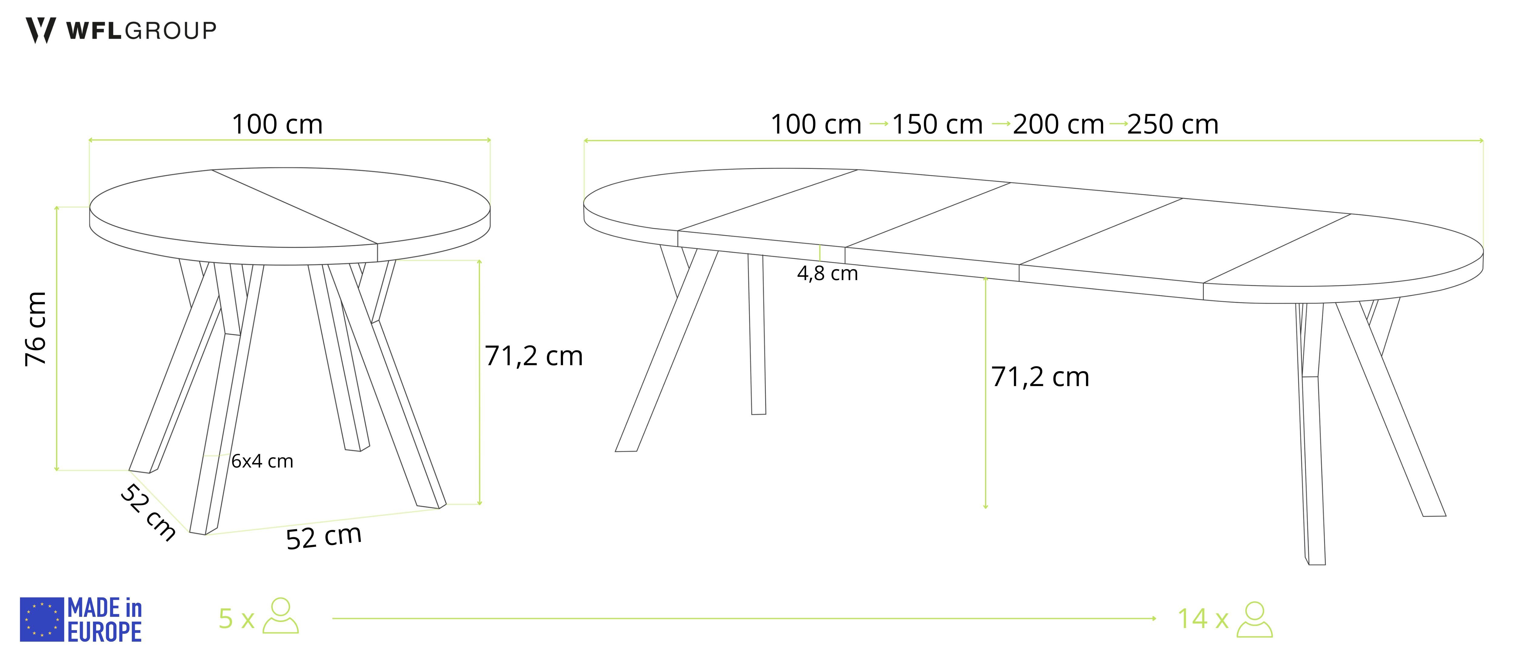 WFL GROUP Esstisch Twixy ausziehbar rund industrial mit schwarzen Holzbeinen (MADE IN EU, erhältlich in 2 Größen – Durchmesser 100 cm, ausziehbar auf 250/300 cm), XXL groß extra lang Ausziehtisch für 5-16 oder 5-14 Personen