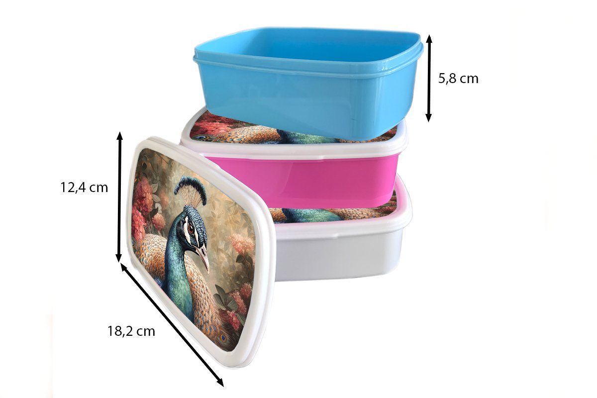 MuchoWow Lunchbox Pfau - Vogel (2-tlg), Jungs - für - und Erwachsene, Pfauenfedern, für und Pflanzen Kunststoff, Brotdose, weiß Kinder Mädchen Brotbox