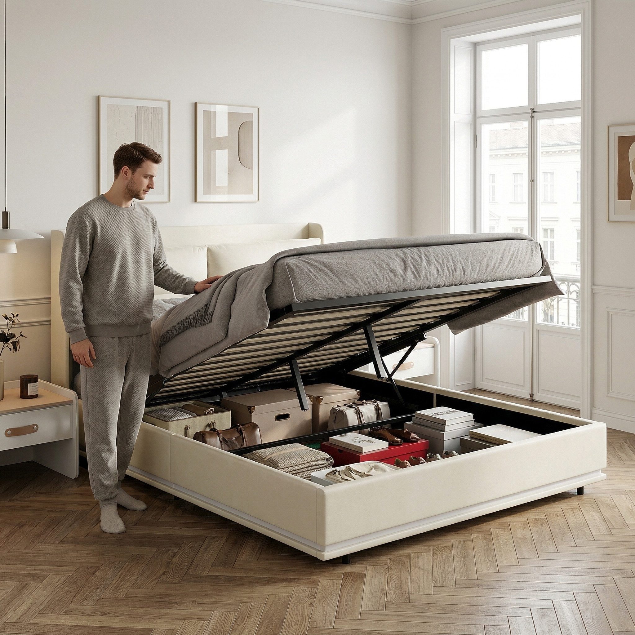 PXloue Bett Polsterbett Hydraulisches Stauraumbett Doppelbett, Kopfteil mit Drahtloses Aufladen, Lattenroste und Bettkästen, 140x200 – Bild 2 von 5