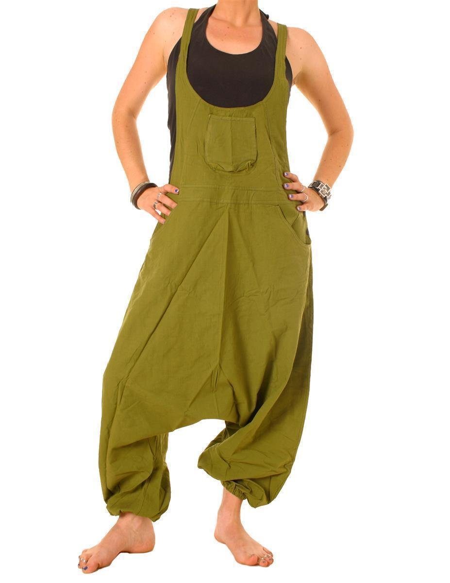 Apotheke Vishes Latzhose Sommer Damen Goa, Hippie, Baumwolle bequem olivgrün einfarbig Haremshose Hose Overall zu tragen