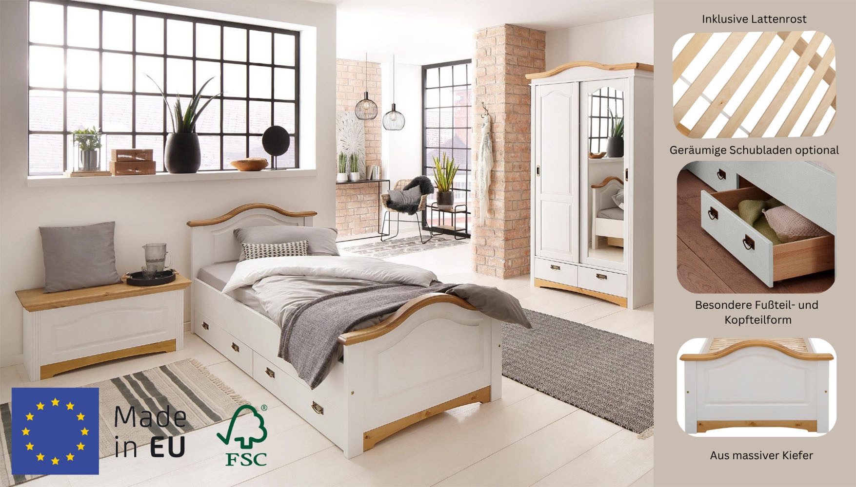 OTTO home Massivholzbett Konrad, Stauraumbett, Messinggriffe, rustikaler Landhausstil, mit FSC®-zertifiziertem Massivholz, Liegehöhe 40 cm – Bild 3 von 5
