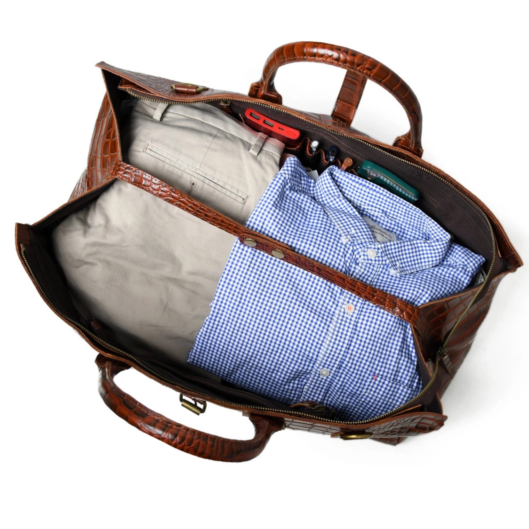 Ella Eisvogel Weekender Premium Reisetasche Vollnarben Büffelleder Krokodilmuster braun, Exklusive Leder Weekender Tasche groß aus Vollnarben Büffelleder