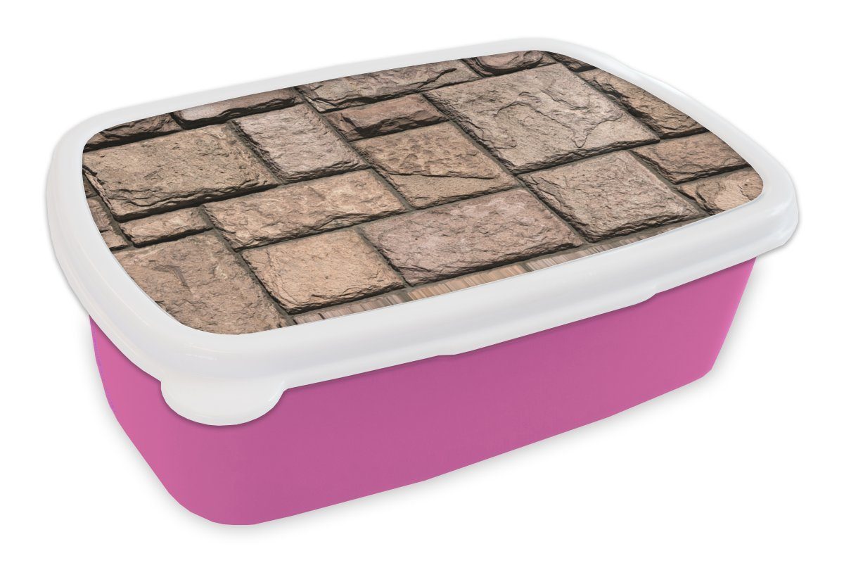MuchoWow Lunchbox Mauer mit verschiedenen Steinen, Kunststoff, (2-tlg), Brotbox für Erwachsene, Brotdose Kinder, Snackbox, Mädchen, Kunststoff rosa