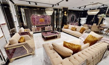 Casa Padrino Chesterfield-Sofa Luxus Art Deco Chesterfield Sofa Beige / Lila / Grau / Gold - Edles Wohnzimmer Sofa mit Marmoroptik - Luxus Art Deco Wohnzimmer & Hotel Möbel