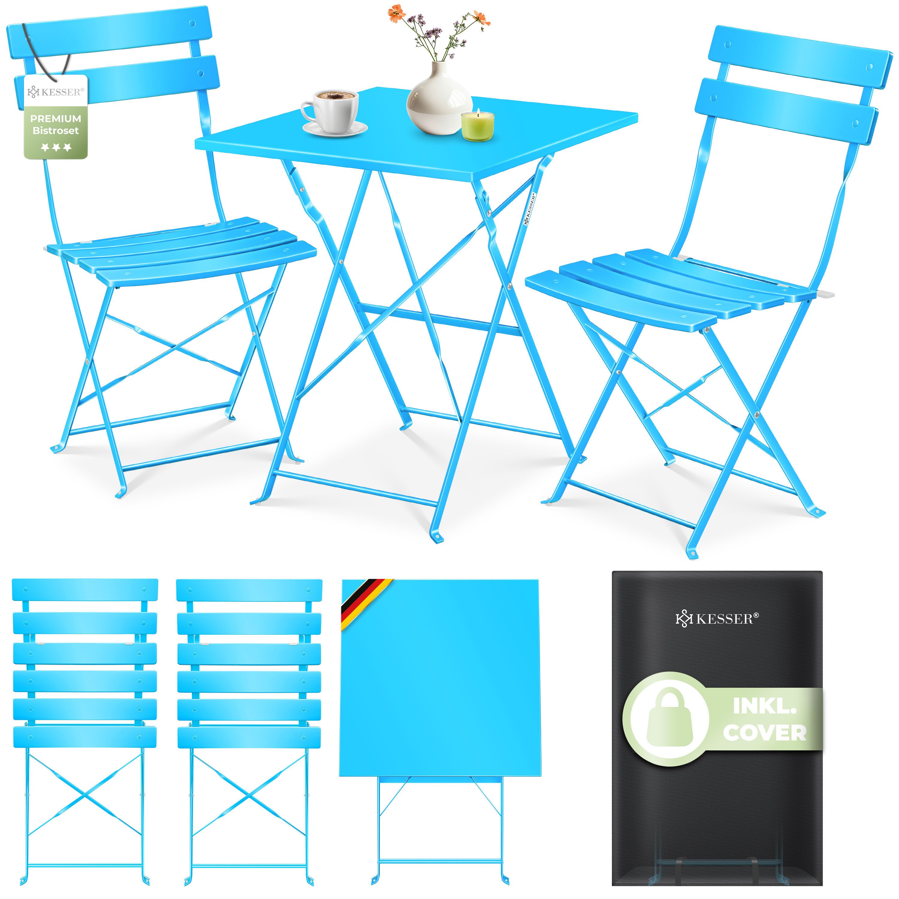 KESSER Bistrotisch 3-teiliges Bistroset Outdoor Sitzgruppe (1x Balkontisch mit 2 Stühlen & Schutzabdeckung), Balkonmöbel UV- & Wetterbeständig Gartenmöbel