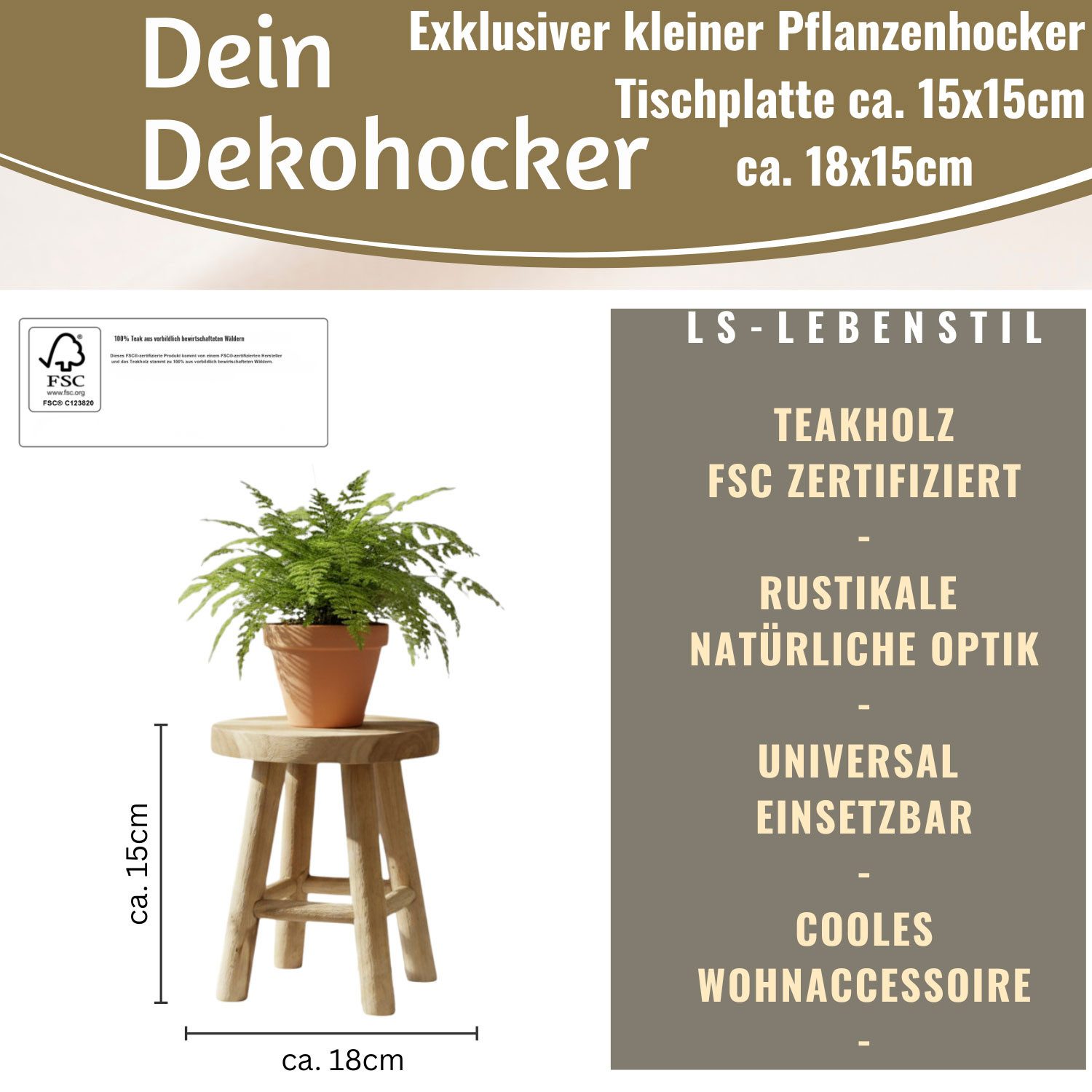 LS-LebenStil Blumenständer Pflanzenhocker Teak Holz Rund 18x15cm Niedriger Blumenständer Hocker (Design Deko Hocker Mini Tisch rustikales kleines Tischchen Holzhocker, 1 St., Braun 4 Füße kleiner Pflanzenständer Pflanzentisch Holzhocker Deko), FSC zertifiziert