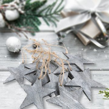 Logbuch-Verlag Baumbehang 10 Sterne Weihnachtsanhänger aus Holz 10 cm (10 St), Christbaumanhänger in grau mit Jute Schnur