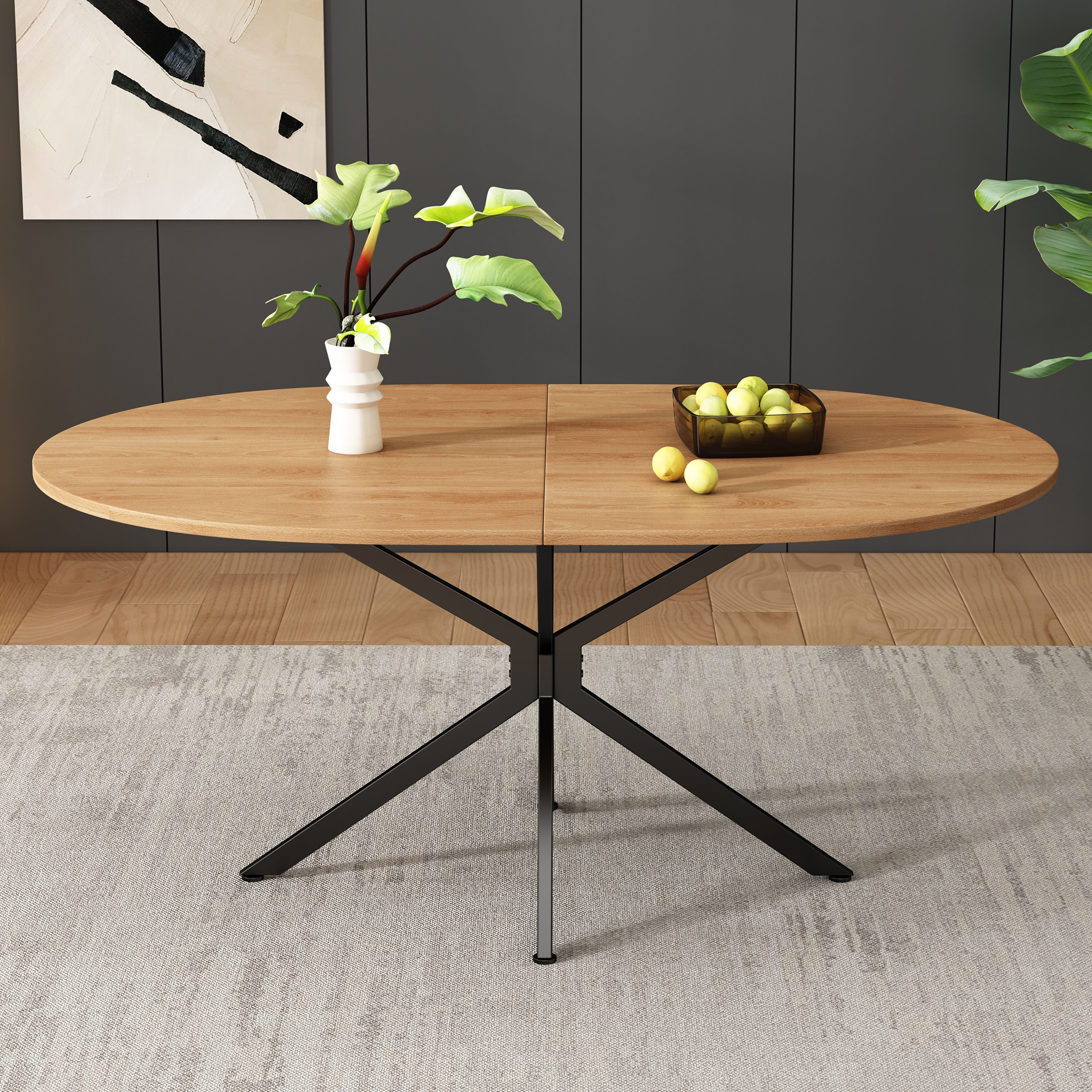 BlingBin Esstisch Moderner Esstisch, Stabiler Esstisch, Ovaler Esstisch für 4-6 Personen (1er Set, 1-St., L120*B80*H75,5cm, Tragendes Gewicht: 150KG), Moderner schlichter Esstisch, Metallbeine, Natur+Schwarz