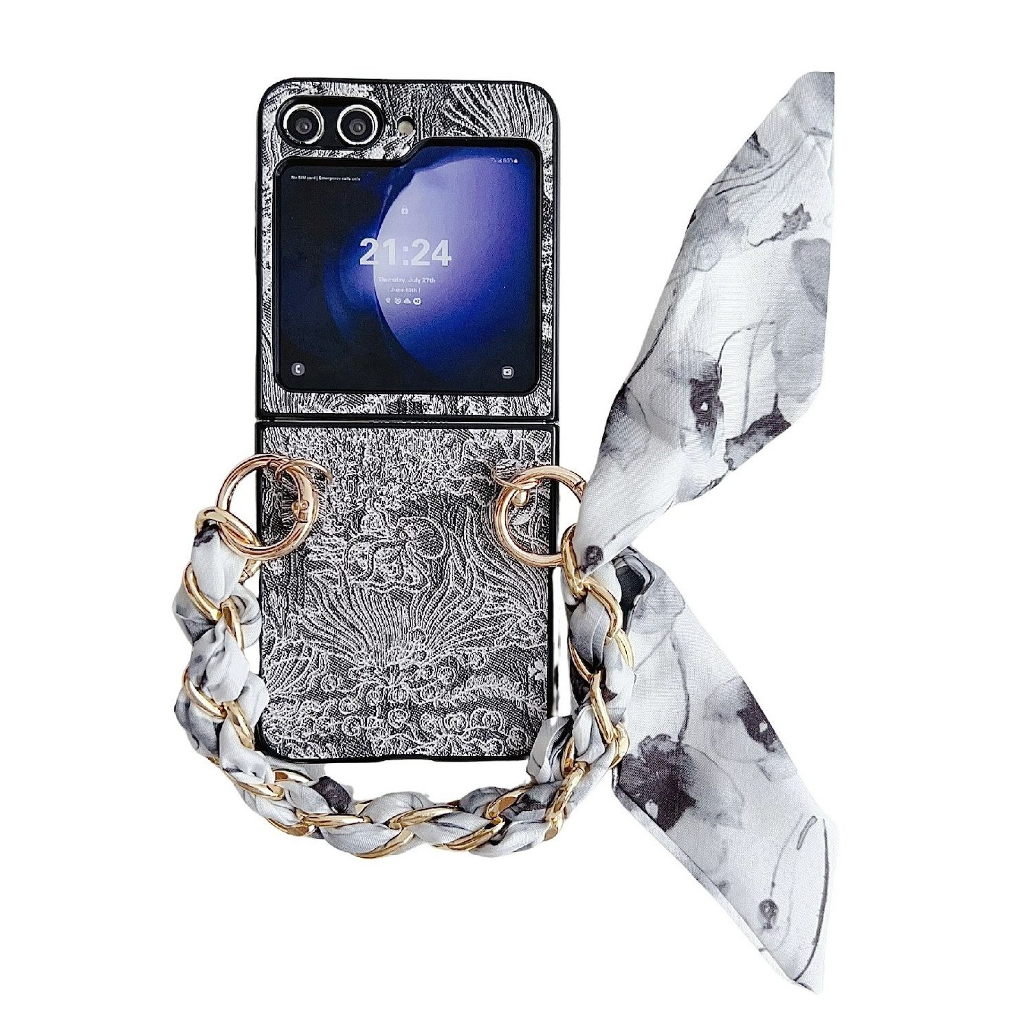 Wigento Handyhülle Für Samsung Galaxy Z Flip7 FE / Flip6 5G Stick Hülle Armband Schwarz