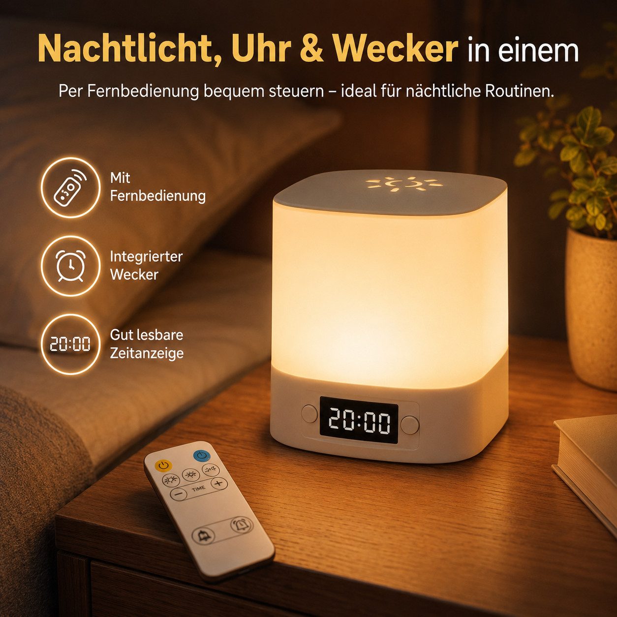 Fyrove Nachtlicht mit Uhr & Wecker, dimmbare Nachttischlampe mit Fernbedienung & Touch, 3 Lichtfarben, wiederaufladbare Stilllampe, Baby Nachtlicht, Stimmungsli – Bild 3 von 5