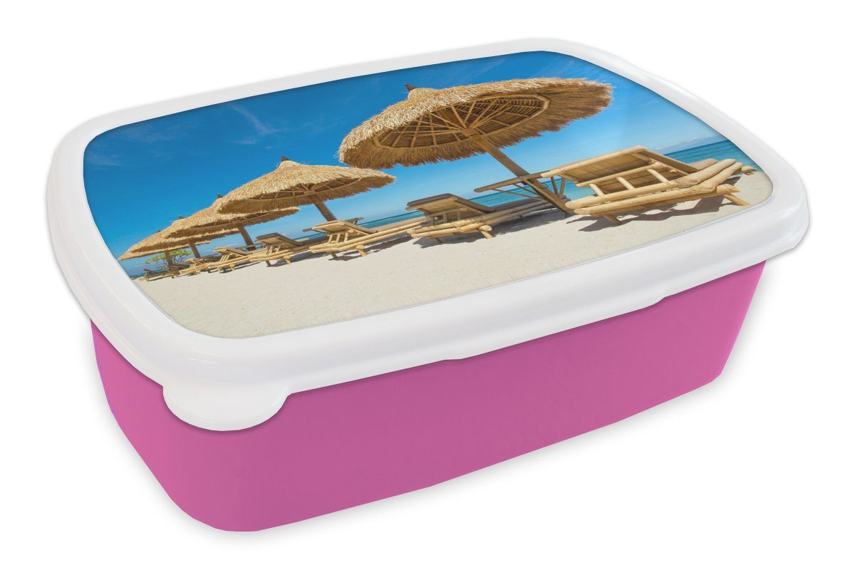 Strand für - Meer Brotdose Kunststoff, (2-tlg), - Mädchen, MuchoWow rosa Snackbox, Kunststoff Lunchbox - Erwachsene, Brotbox - Sonnenschirm Kinder, Sommer, Strandkorb