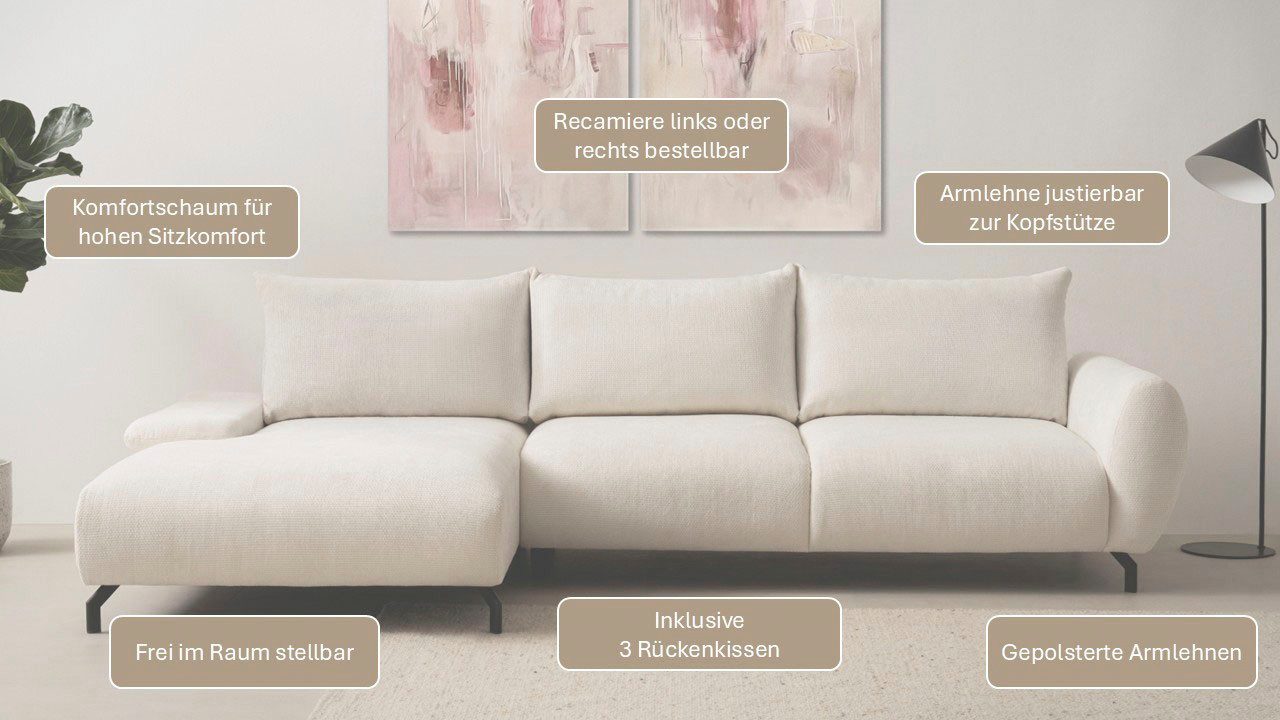 OTTO home Ecksofa KELLIE, L-Form, 315 cm, verstellbare Armlehne, Metallfüße, wahlweise Recamiere links o. rechts, Chenille-Stoff, hoher Sitzkomfort