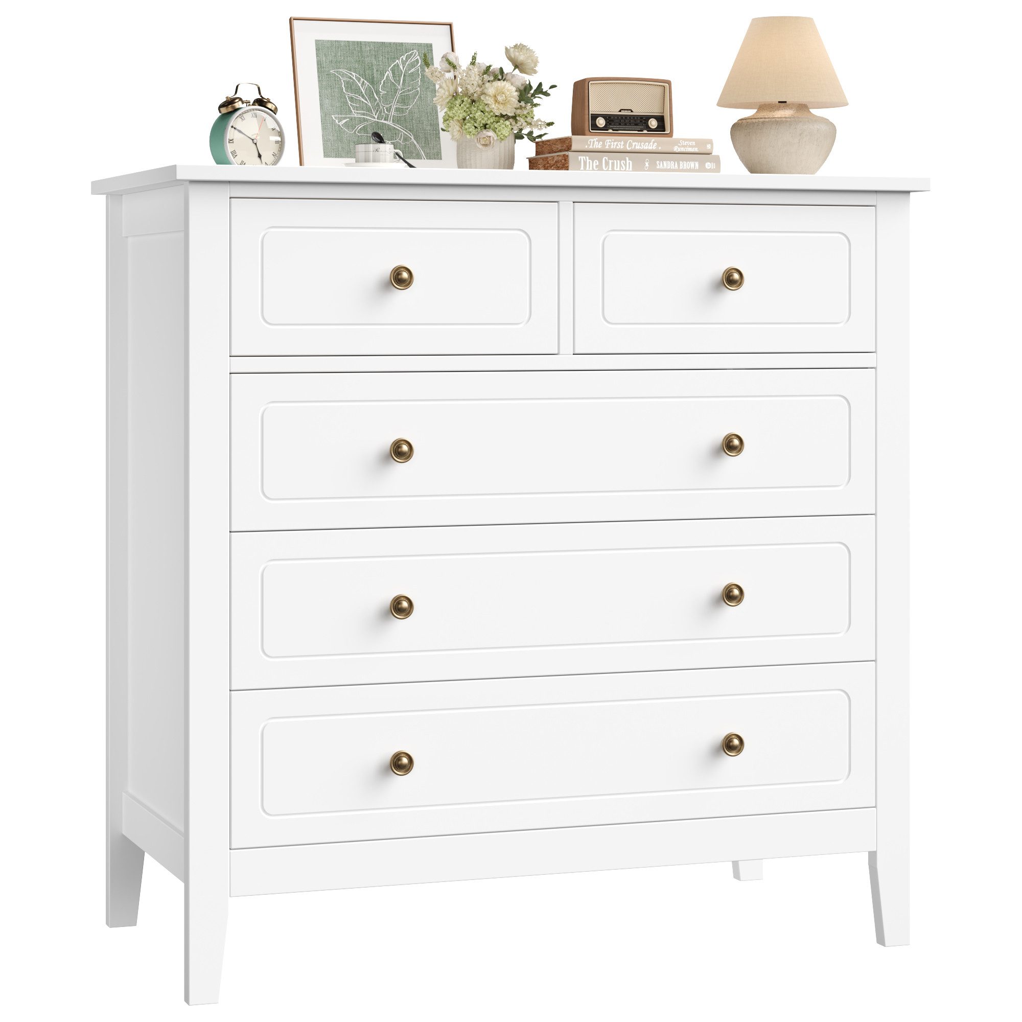 Homfa Kommode, Sideboard mit 5 Schubladen, Metallgriffe, weiß, 80x40x80cm