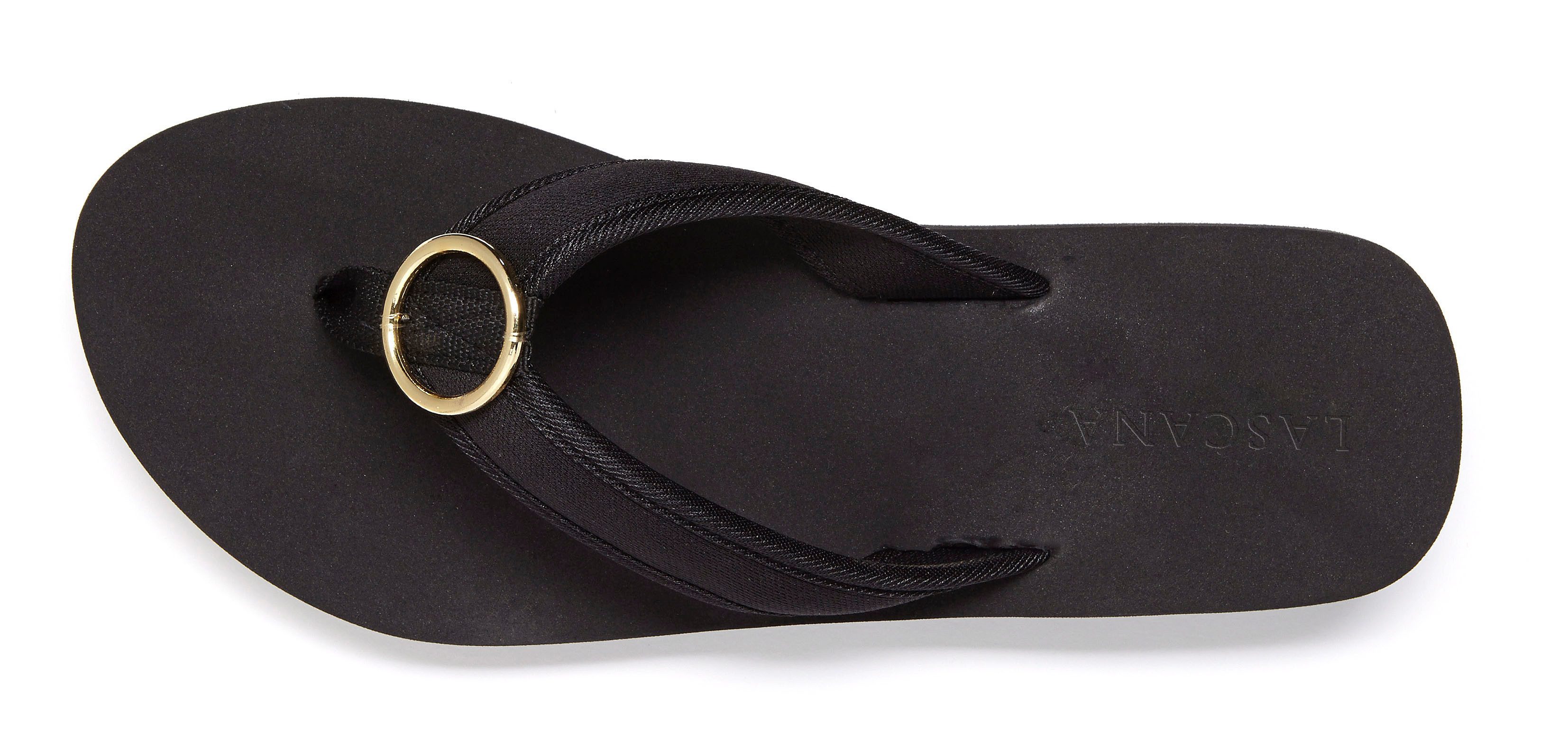 LASCANA Sandale, Badeschuh, Pantolette, Badelatsche, Flip Flop, Sommerschuh, Badezehentrenner Zehentrenner mit Ringapplikation "Italy" VEGAN