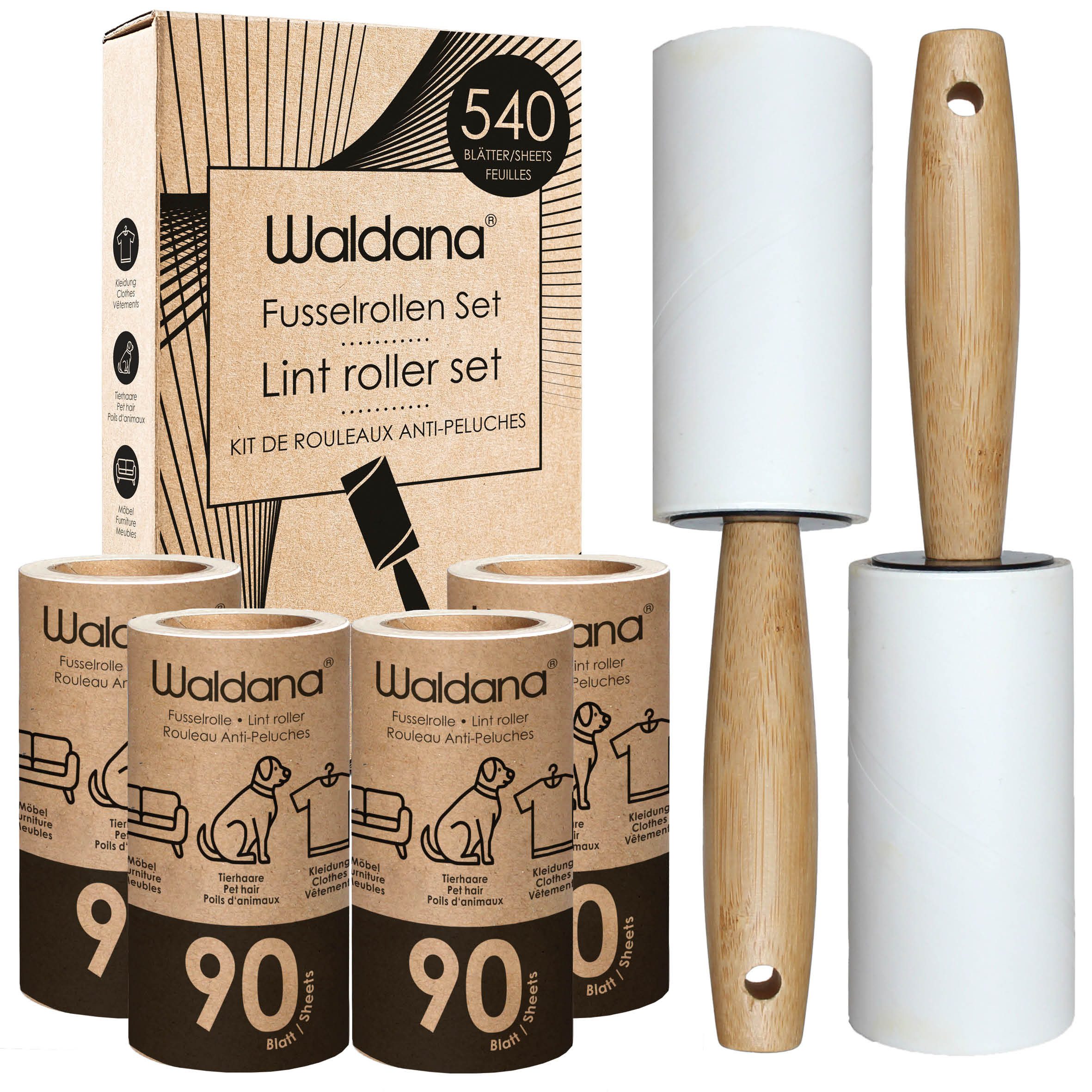 Waldana Fusselroller Set - 6 Rollen je 90 Blatt - 540 Blatt - Fussel Tierhaar Entferner